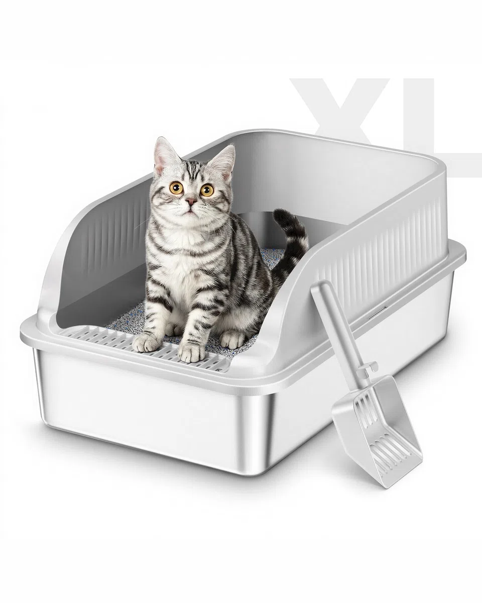 Katzenklo Edelstahl, Katzentoilette Groß XXL mit Schaufel, Katzenklo mit Abnehmbares Hoher Rand, Halbgeschlossene Katzentoilette Metall für Katzen, Geruchsfrei, Leicht zu Reinigen, Hellgrau