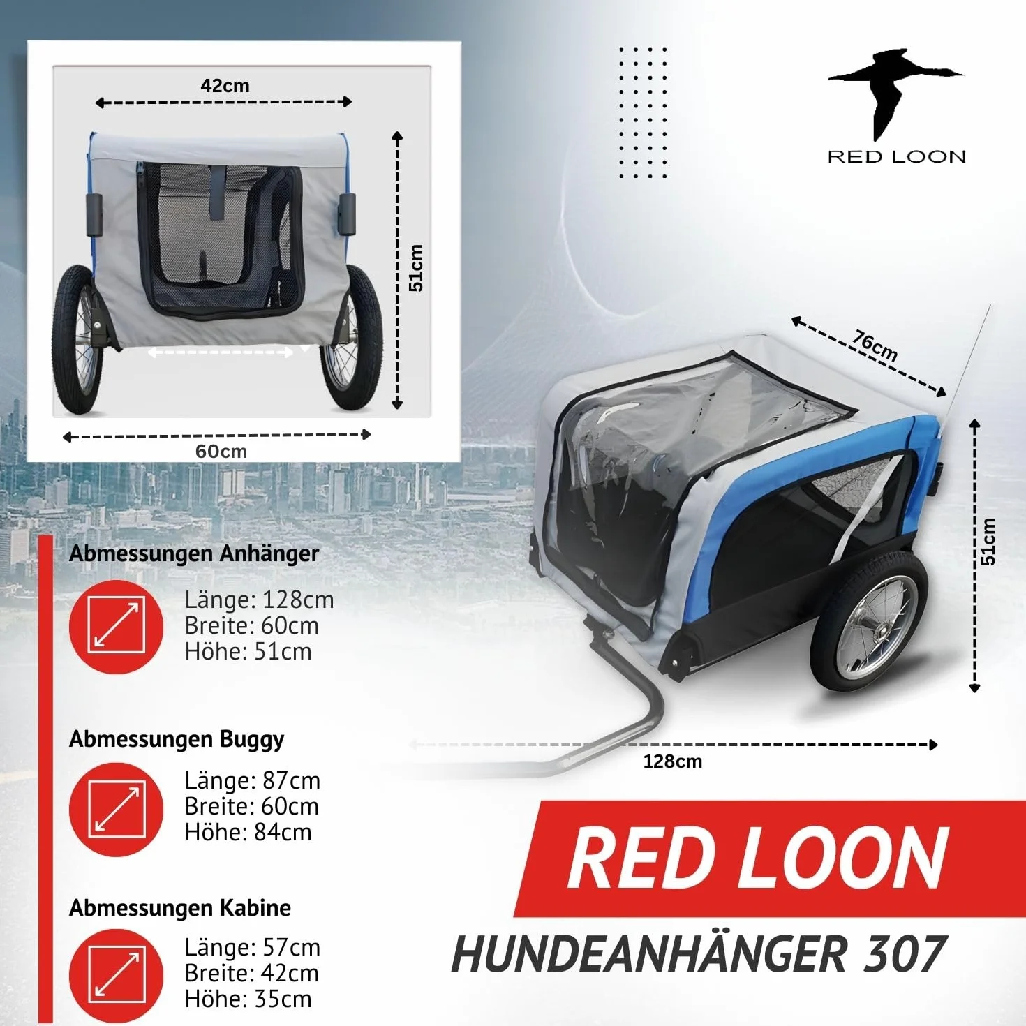 Hundeanhänger 2in1 Fahrradanhänger Hundetransporter - Red Loon Mini Anhänger & Jogger/Buggy blau - Radanhänger Fahrrad Transporter Hundebuggy - inkl. Fahne