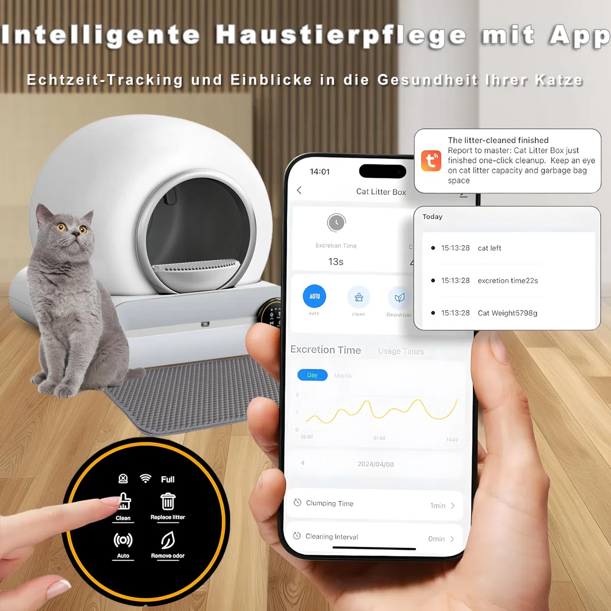 Selbstreinigende Katzentoilette, 65L+9L Selbstreinigende Toilette mit 5 Rollen Müllsäcken und 1 Fußmatten, Automatische Elektrisches Katzenklo, App Steuerung für Mehrere Katzen