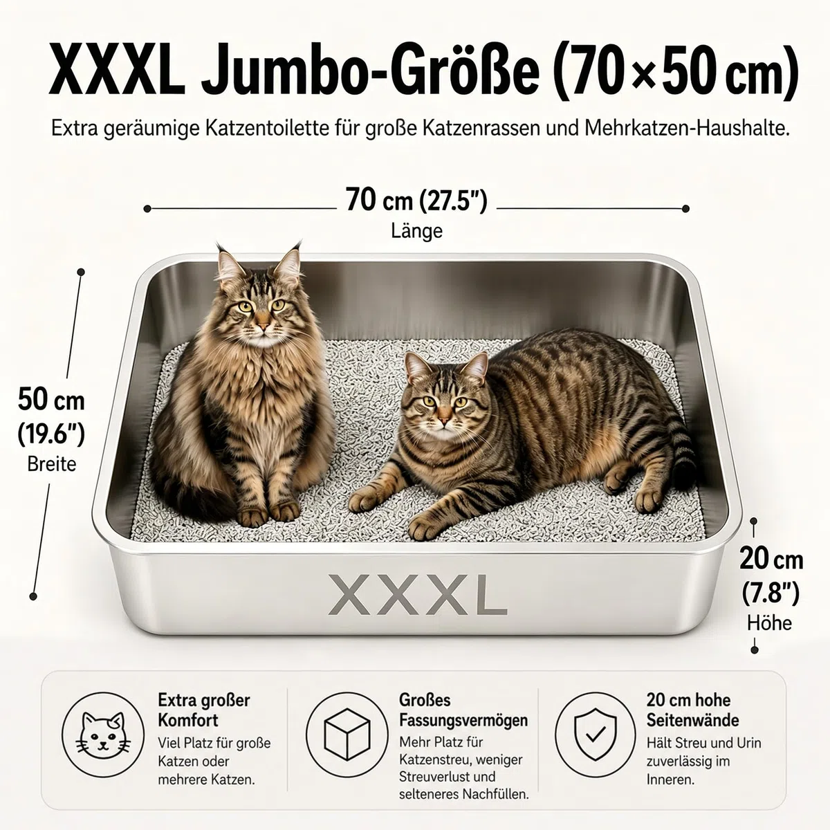 Premium XXXL Katzenklo Edelstahl, 70x50x20 cm Groß Katzentoilette mit Hohen Rand, Rostfrei, Antihaftbeschichtet, Leicht zu Reinigen, mit Schaufel für Große Katzen & Mehrkatzenhaushalte