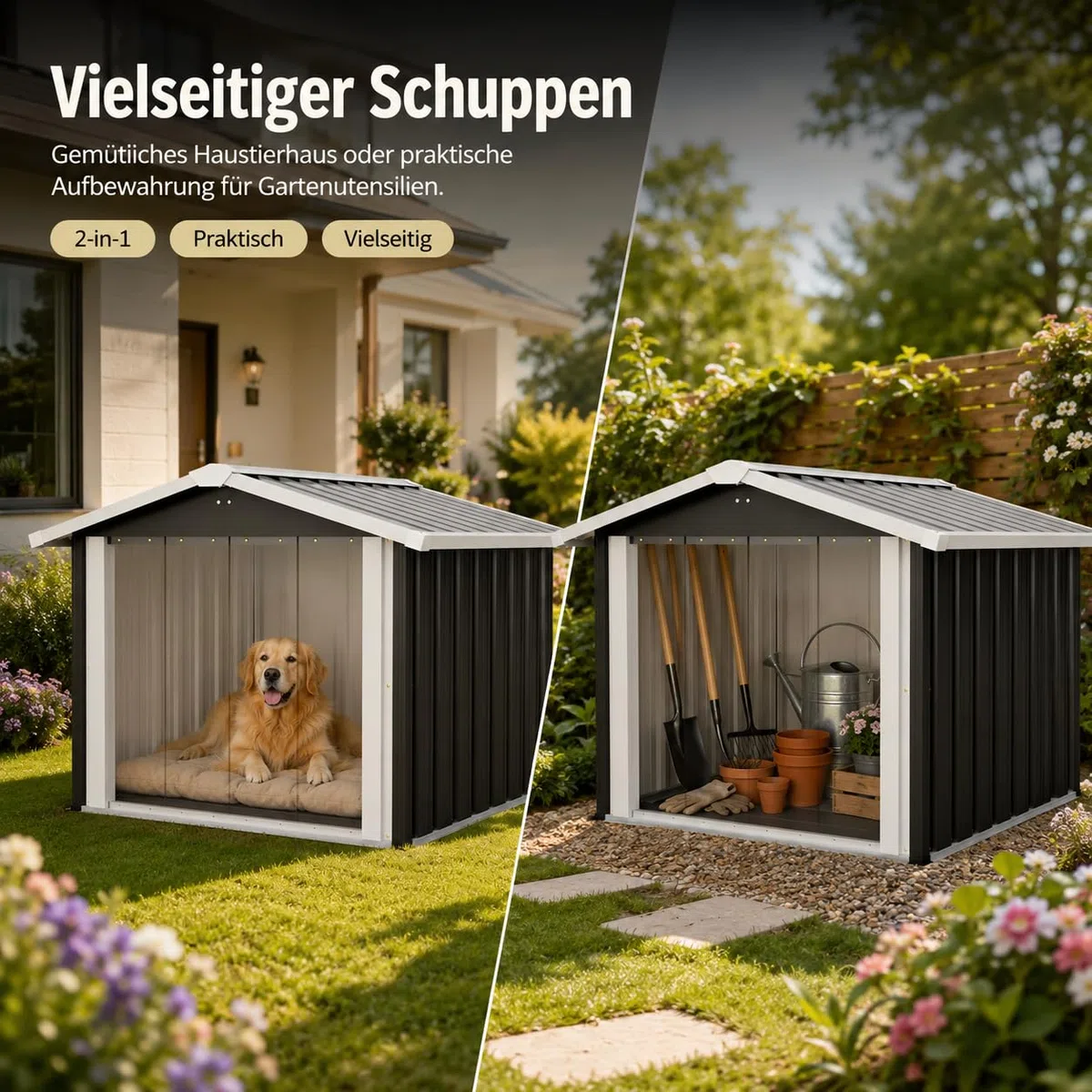 Outdoor Hundehütte wetterfest, Metall Hundehaus für Garten & Terrasse, wasserdichtes Hundehaus mit stabilem Boden, Belüftung & Schrägdach, Haustierhaus für kleine bis mittelgroße Hunde