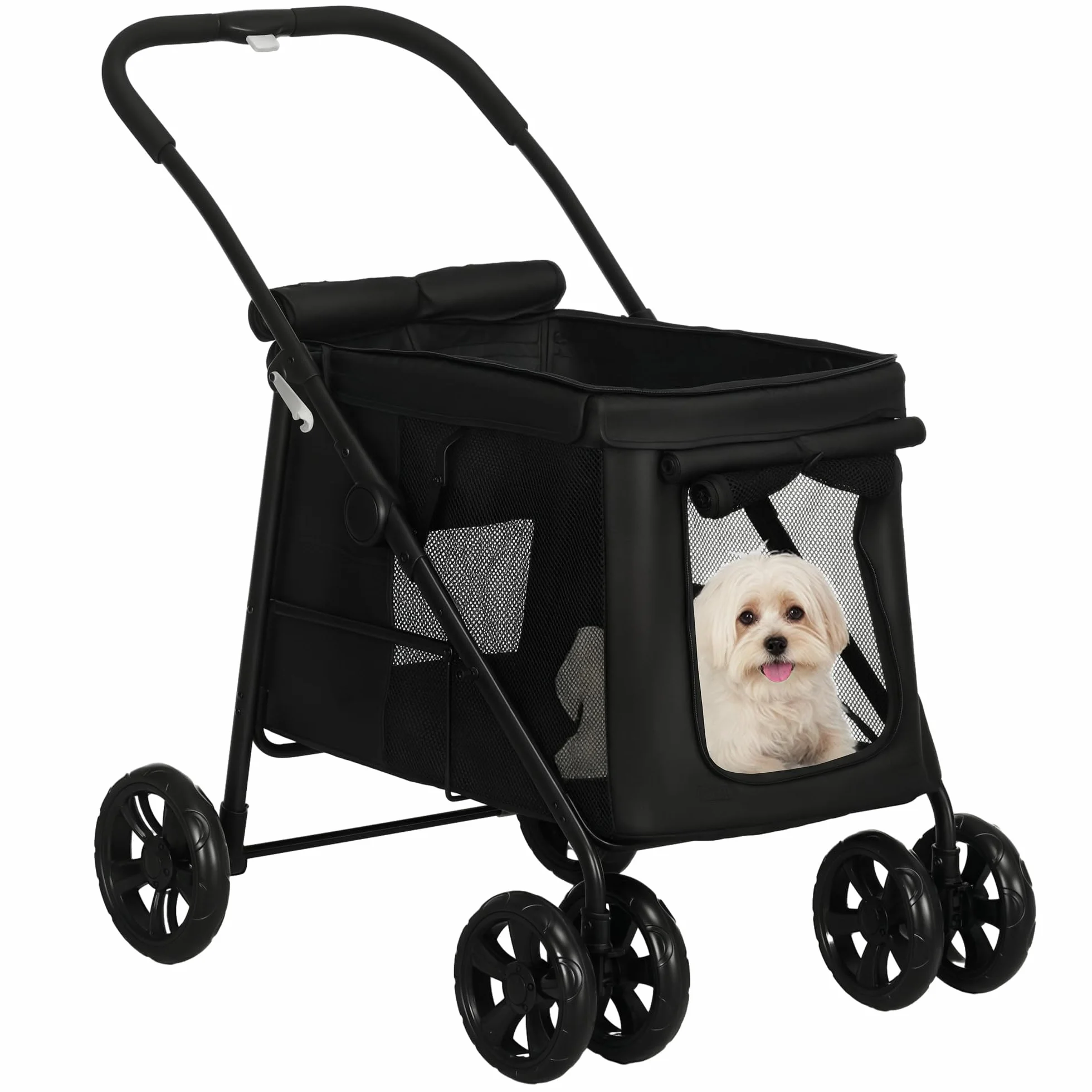 PawHut Hundewagen, faltbarer Hundebuggy, Hundetrolley mit Kissen, Katzenbuggy bis 20 kg, Katzenwagen für kleine und mittelgroße Hunde mit Seitentaschen, Netzfenster, Oxford-Gewebe, Schwarz