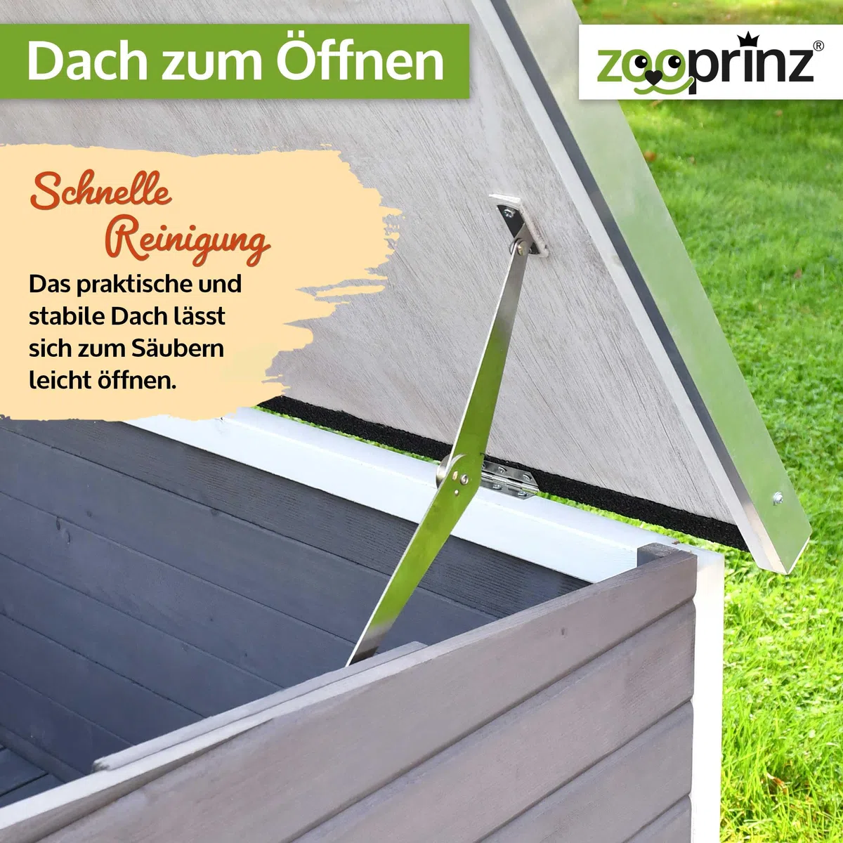 zooprinz Exklusive Hundehütte Jacky – aus wetterfestem & massivem Holz mit Metallrahmen, Dach zum Öffnen, Lamellentür & Kunststofffüßen – Hundehütte für Indoor und Outdoor (Hellgrau, XL)