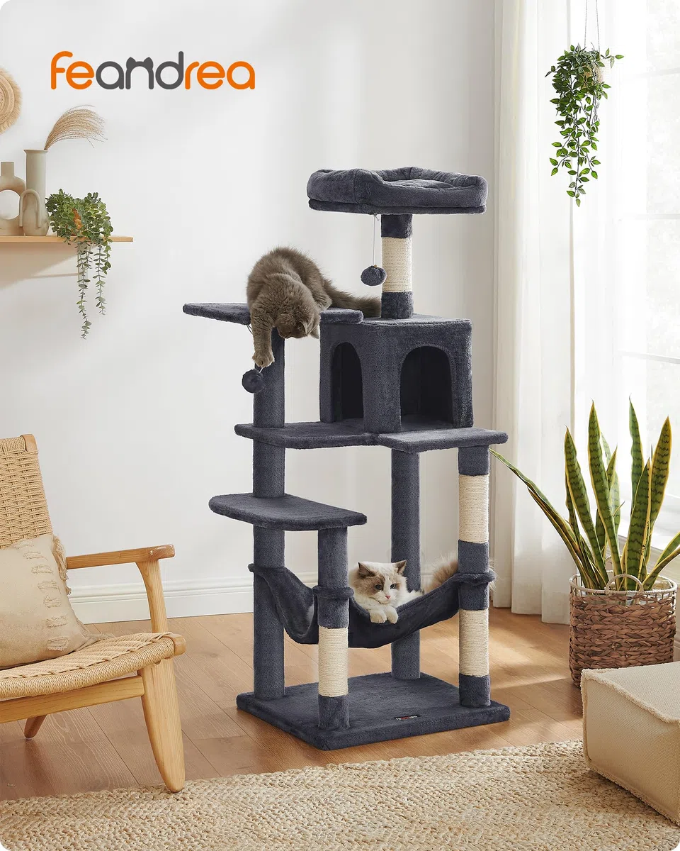Feandrea Kratzbaum, 143 cm hoch, Katzenbaum, mehrstöckiges Katzenhaus, mit 4 Kratzsäulen, 2 Plattformen, Hängematte, Höhle, rauchgrau PCT161G01