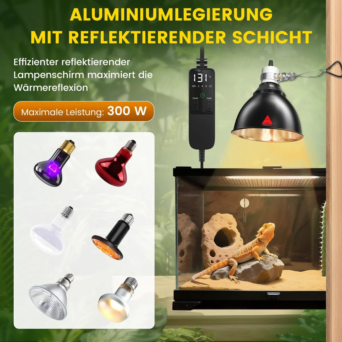 GlowUp Wärmelampe Terrarium, 5.5-Zoll Reptilien Wärmelampe mit Thermostat und Timer, E27 Reptile Dome 300W Lampenfassung für Schildkröte Eidechse Bartagamen (Keine Glühbirne)