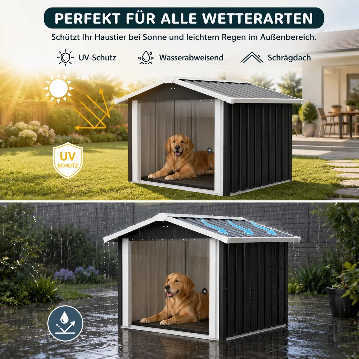 Outdoor Hundehütte wetterfest, Metall Hundehaus für Garten & Terrasse, wasserdichtes Hundehaus mit stabilem Boden, Belüftung & Schrägdach, Haustierhaus für kleine bis mittelgroße Hunde