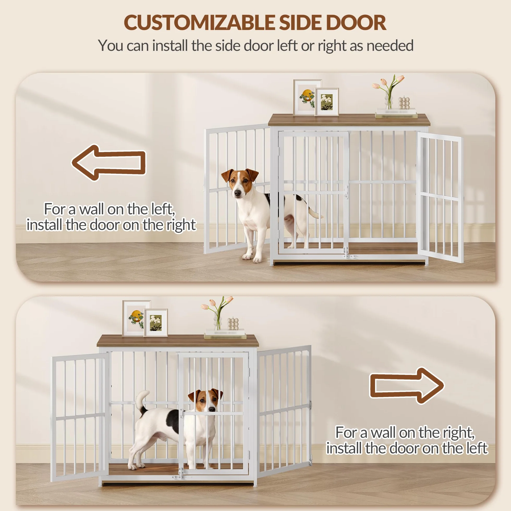 Hundekäfig Möbel, 80cm Hundebox für Zuhause mit 3 Türen, Hundebox Holz Indoor, Beistelltisch, Hundekäfig Hochbelastbar, für Kleine und Mittelgroße Hunde, 80x60x70cm, Vintagebraun & Weiß