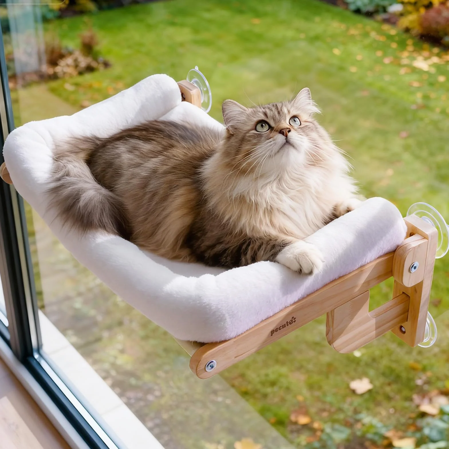 pecute 66x39cm Weiche Katzen Fenster Hängematte, Katzen Fenster Sitzstange Weicher Plüsch Faltbares, Katzenliege Fensterbank, Fensterliege für Hält 18kg (Weiß, Groß)