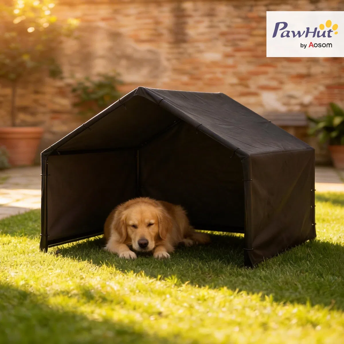 PawHut Hundehütte Hundehaus mit Wasser- und UV-beständiger Überdachung, 125 x 110 x 93 cm Outdoor Hütte für kleine mittelgroße große Hunde bis 30 kg, Indoor, Outdoor Schwarz