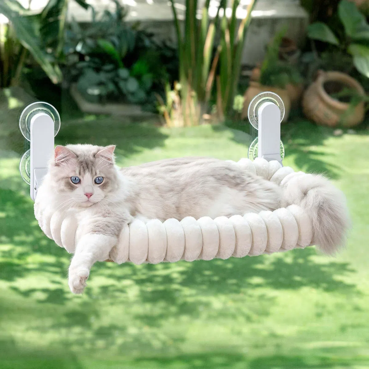 GUUSII HOME Katzen Fensterliege Faltbar Katzenbett Fenster Fensterbank Katze Hängematte mit Wendebezug & Saugnäpfen Fensterbrettauflage Fensterliegeplatz Bis zu 18kg Fensterscheibe (Weiß, M)