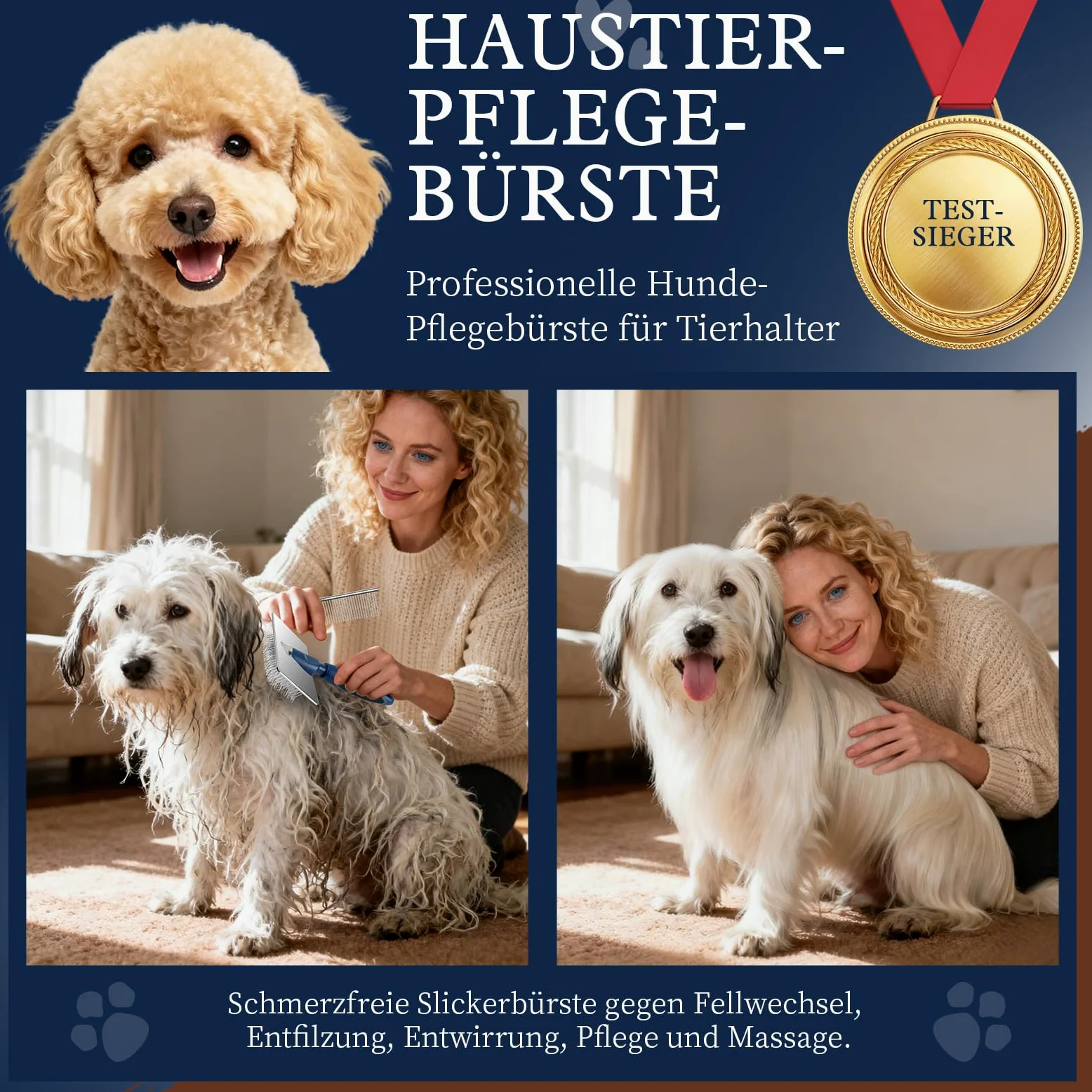 Sanfte Slicker-Bürste für Hunde mit Schutz-Kugelspitzen – Verfilzungen lösen & Unterfell entfernen für langhaarige Hunde & Katzen– Beruhigende Massagebürste für empfindliche Haut, Goldendoodle & Pudel