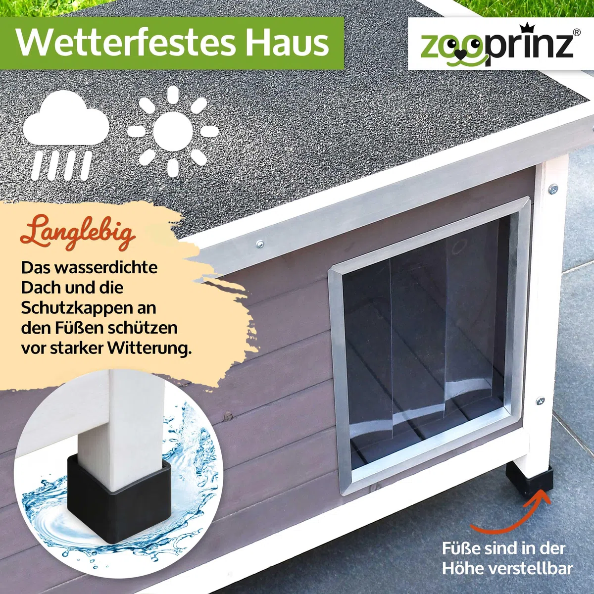 zooprinz Exklusive Hundehütte Jacky – aus wetterfestem & massivem Holz mit Metallrahmen, Dach zum Öffnen, Lamellentür & Kunststofffüßen – Hundehütte für Indoor und Outdoor (Hellgrau, XL)