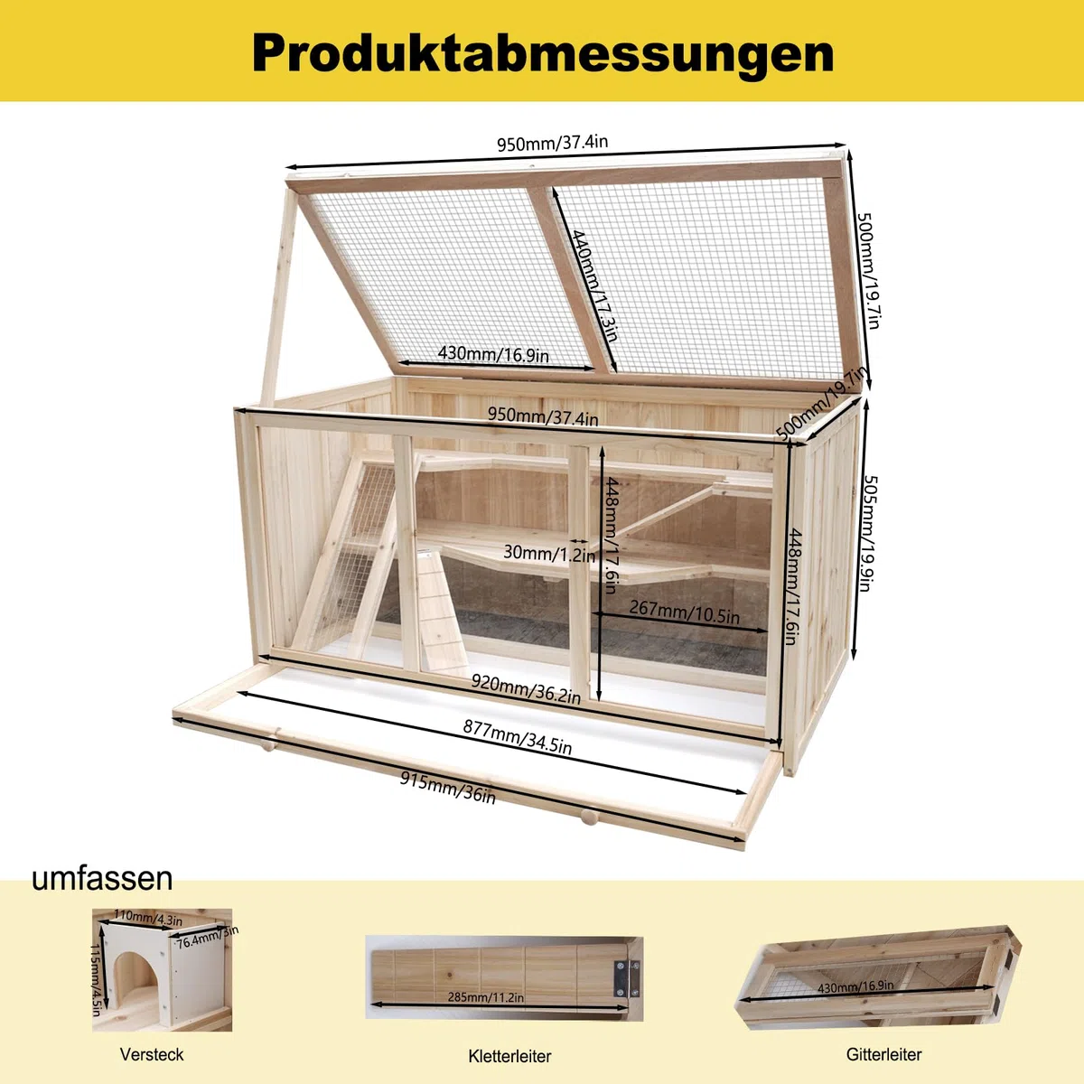Hamsterkäfig aus Tannenholz, 94,5 x 48,5 x 49,5 cm, mit Plattformen, Leiter und Hütte