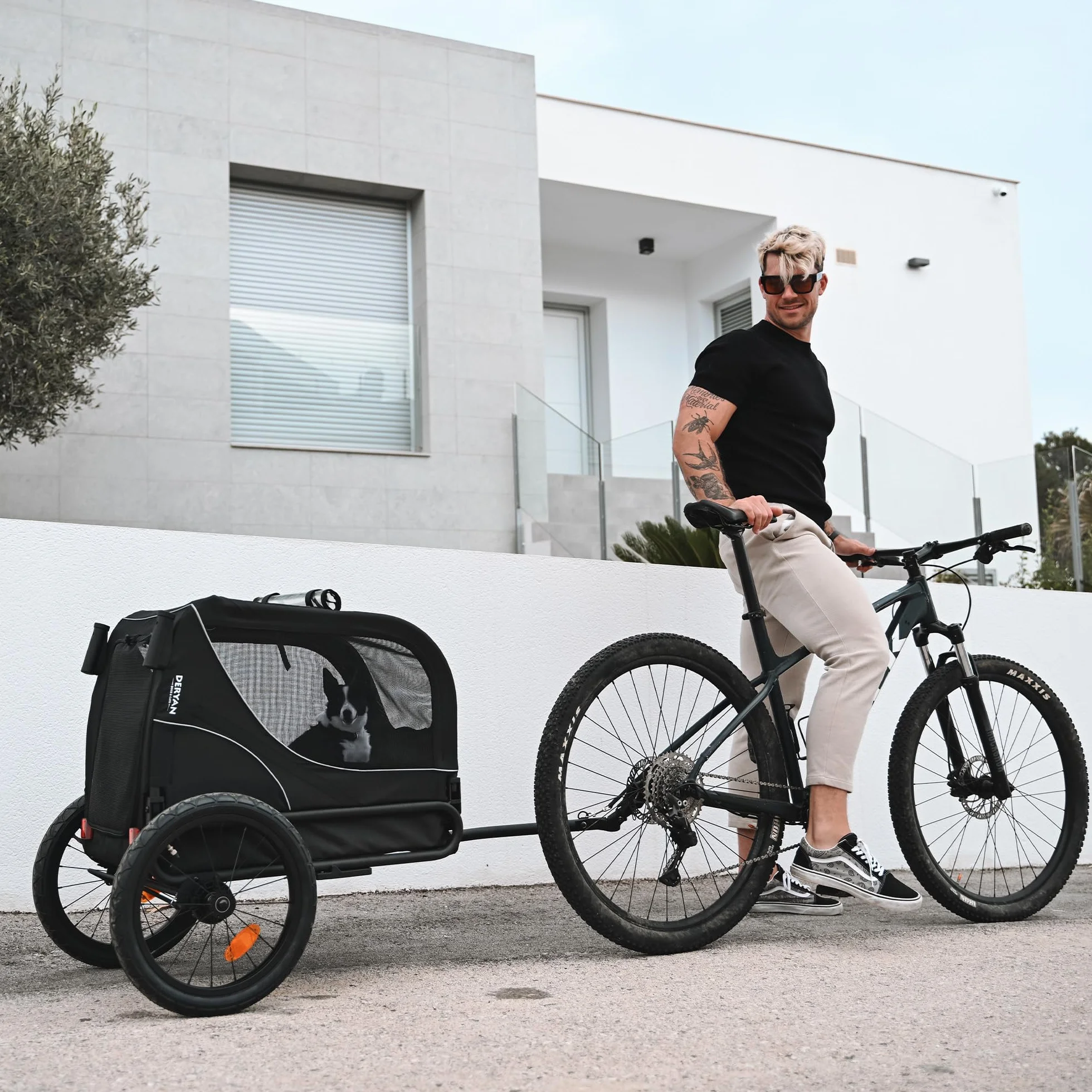 Deryan Hundefahrradanhänger 2-in-1 für Hunde - Fahrradanhänger XL, Jogger & Buggy - Zusammenklappbar & Multifunktional - Bis 20 kg - Für E-Bikes geeignet - Federung Fahrradanhänger Jogger - Schwarz
