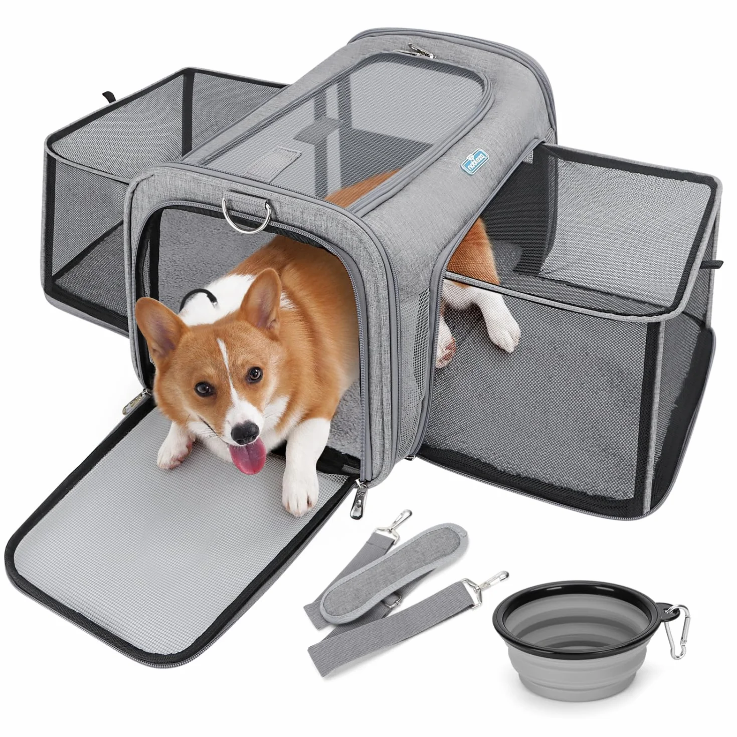 Nobleza Faltbare Hundetragetasche Katzentragetasche, Erweiterbar Katzenbox, Haustier-Reisetasche mit Schultergurt und Faltbare Hundenapf für Hunden oder Katzen