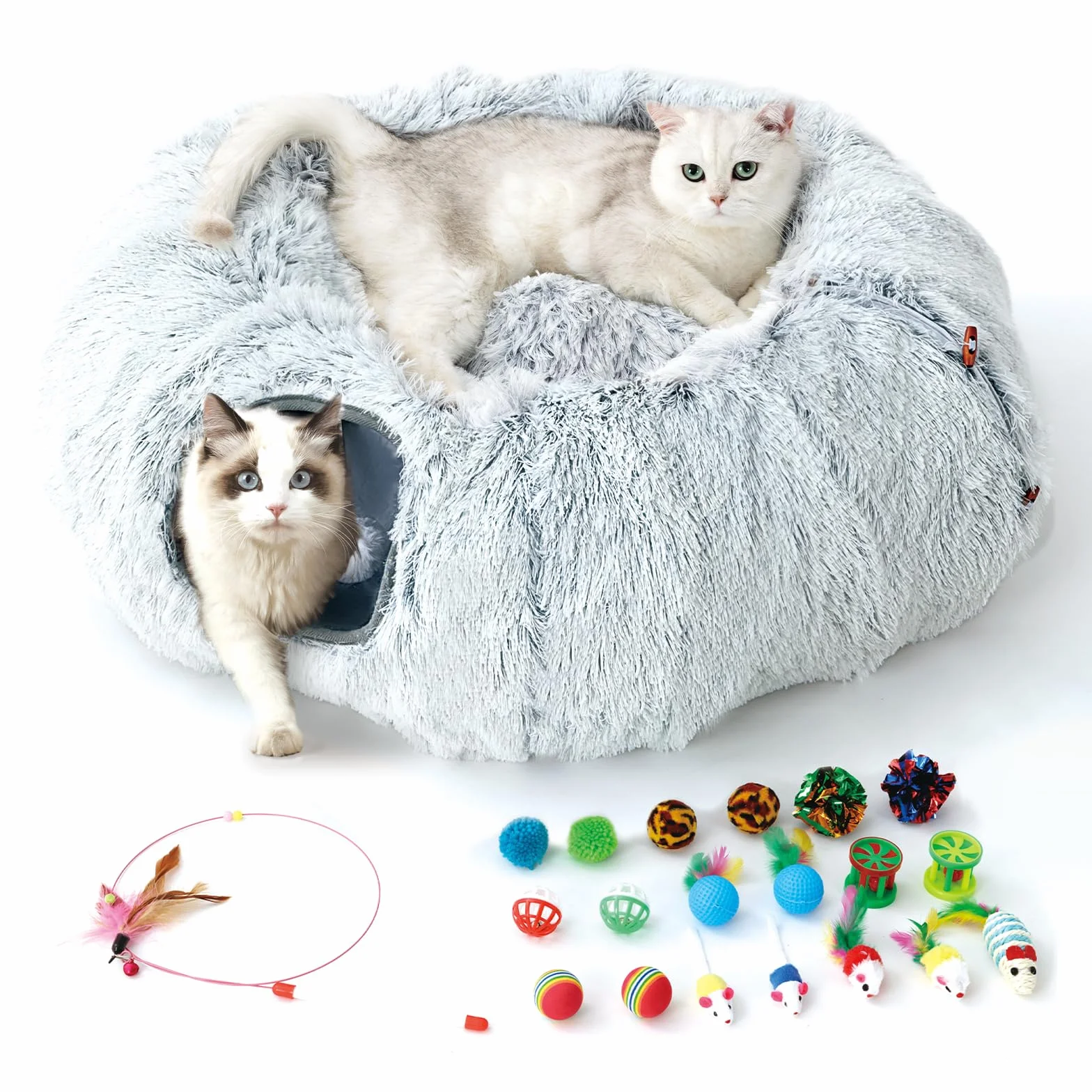 FURRYPAWS Katzentunnelbett mit 20 Spielzeugen, multifunktionaler Donut-Katzen-Spieltunnel, faltbar, Plüsch, Haustierhöhle, Versteck mit Blicklöchern und Ball, für Kätzchen, Kaninchen, Meerschweinchen