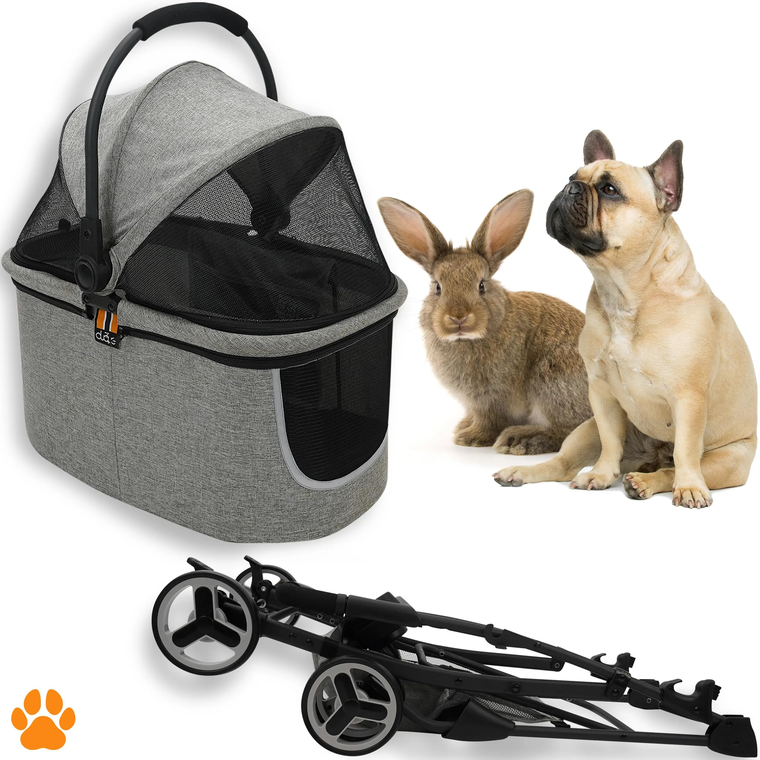 Modell CECE 2 in 1 Hundebuggy und Transportbox für Hunde | Faltbare Hundebox mit Extrakorb für Einkäufe oder Tierbedarf | Nutzung als Hundewagen oder sicherer Tragekorb – Grau-Melange