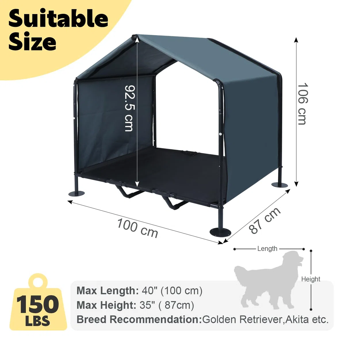 Hundehütte Outdoor mit Hundebett, 100 x 87 x 106 cm, Sonnengeschützte Hundehütte für Kleine bis Große Hunde und Katzen, Wasserdichtes Hundezelt mit Abnehmbarer Tür, für Camping, Garten, Dunkelgrau