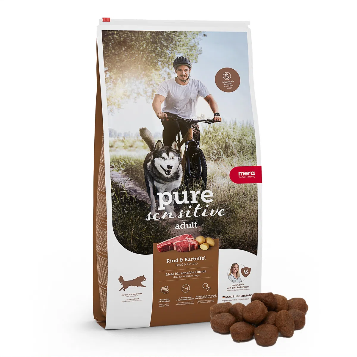 MERA Pure Sensitive Rind & Kartoffel Hundefutter trocken getreidefrei zuckerfrei Hoher Fleischanteil 59% Mono-Protein Adult Trockenfutter 12,5 kg