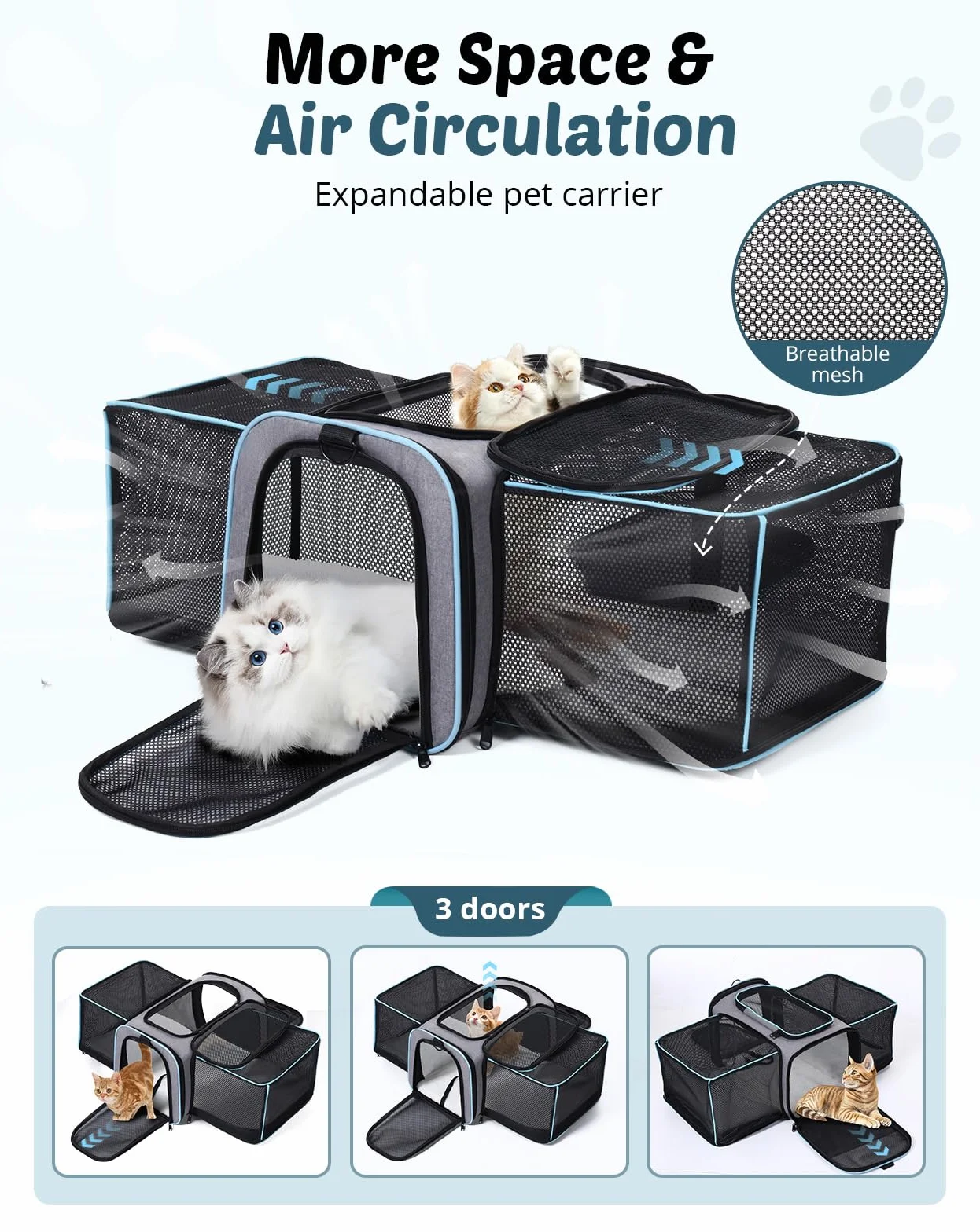 Petcozife Erweiterbar Transporttasche für Katzen/Hunde, Faltbar Transportbox Katzentasche Hundetasche, 47x29x29cm Katzentransporttasche Tragetasche für Haustiere - Bis 5,5 kg