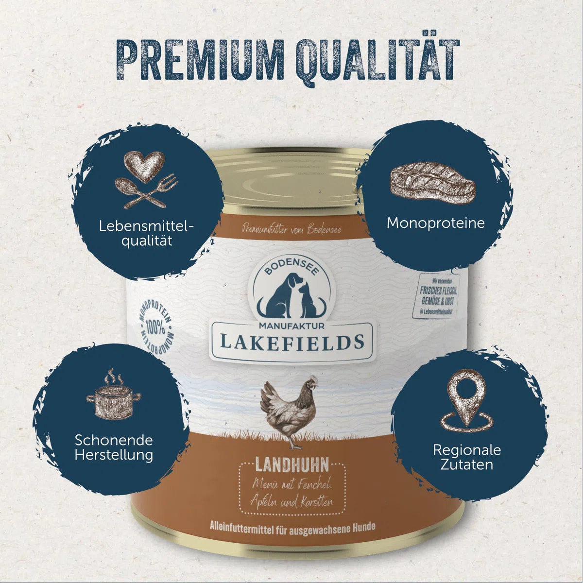Lakefields Premium Hundefutter Nass | Huhn 61% | 6 x 800g | Getreidefreies Nassfutter für Hunde | Natürliche Zutaten in Lebensmittelqualität | Karotten, Kartoffeln & Apfel | Schonend gegart