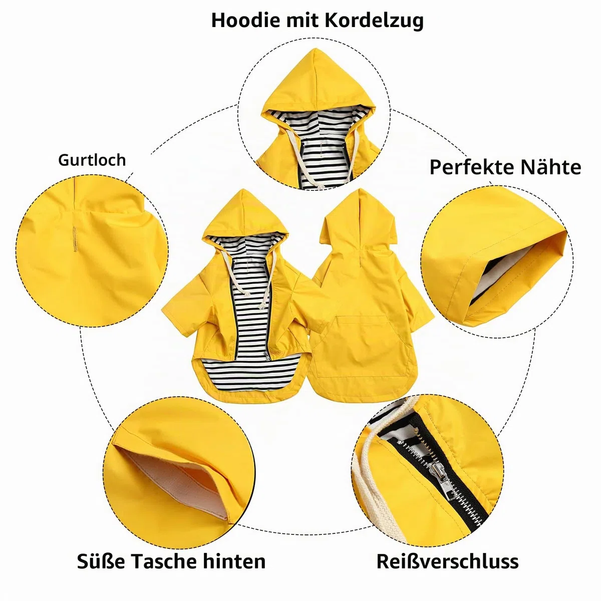 MOREZI Wind&Wasserdicht Hunderegenmantel mit Beinschutz & Fest Kapuze - Leichtes Outdoor - Für kleine/mittlere Hunderassen - Reißverschluss, Verstellbarer Kordelzug, Gelb, XS