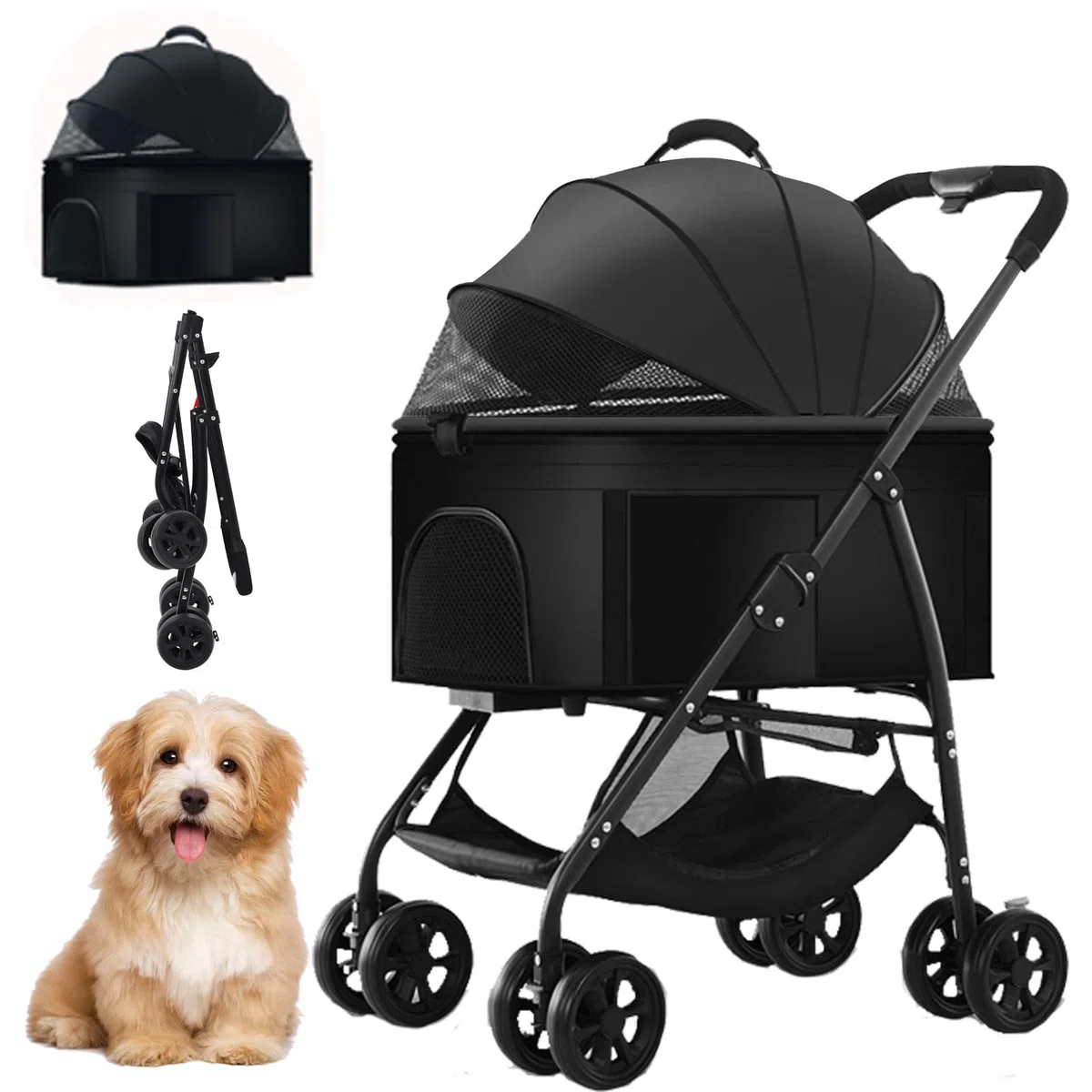 Hundewagen 3 in 1, Haustiere Buggy für mittelgroße Hunde, Faltbarer Hundebuggy bis 20kg, Haustiere Transportbox, Hundewagen mit abnehmbarem Carrier Autositz und Nahrungsmittelfach (schwarz)