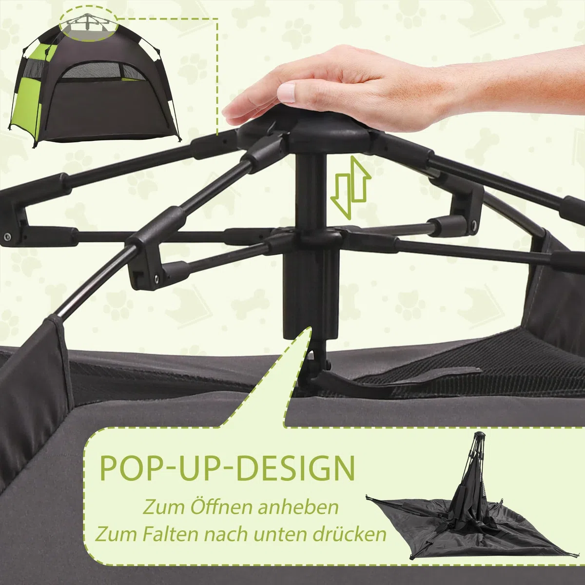 PawHut Haustierzelt, Outdoor Hundezelt, Katzenzelt mit Meshfenster, Tragetasche, Sonnendach, Tragbar Hundehütte für extra große und große Hunde, für Drinnen und Draußen, 120x120x106cm, Grün+Dunkelgrau