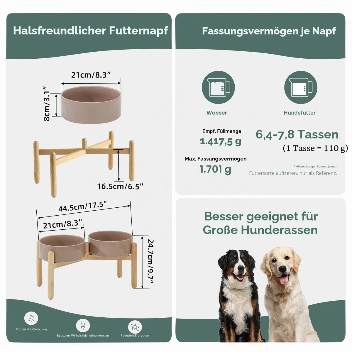 Havniva Keramischer Hundenapf 21 cm mit Ständer für Hunde großer Rassen, Futter- und Wassernapf (Doppelnapf mit Ständer -brauner Kaffee)