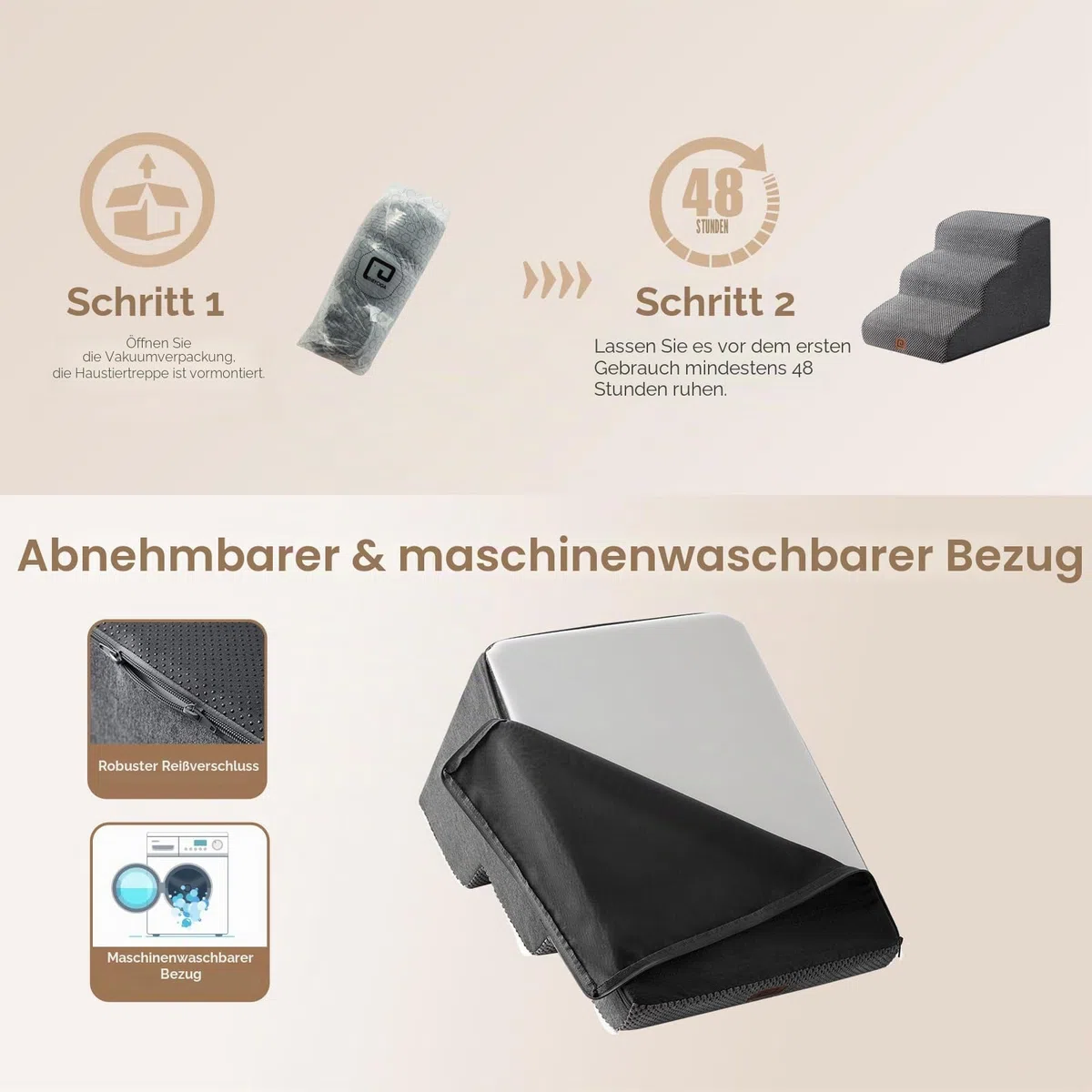 EHEYCIGA Hundetreppe für Kleine Hunde 40 cm Hoch, Haustiertreppe für Sofa Bett, Treppe für Hunde aus Hochdichtem Schwamm, Hunderampe mit Waschbarem Bezug und Rutschfestem Boden, 3 Stufen, Grau