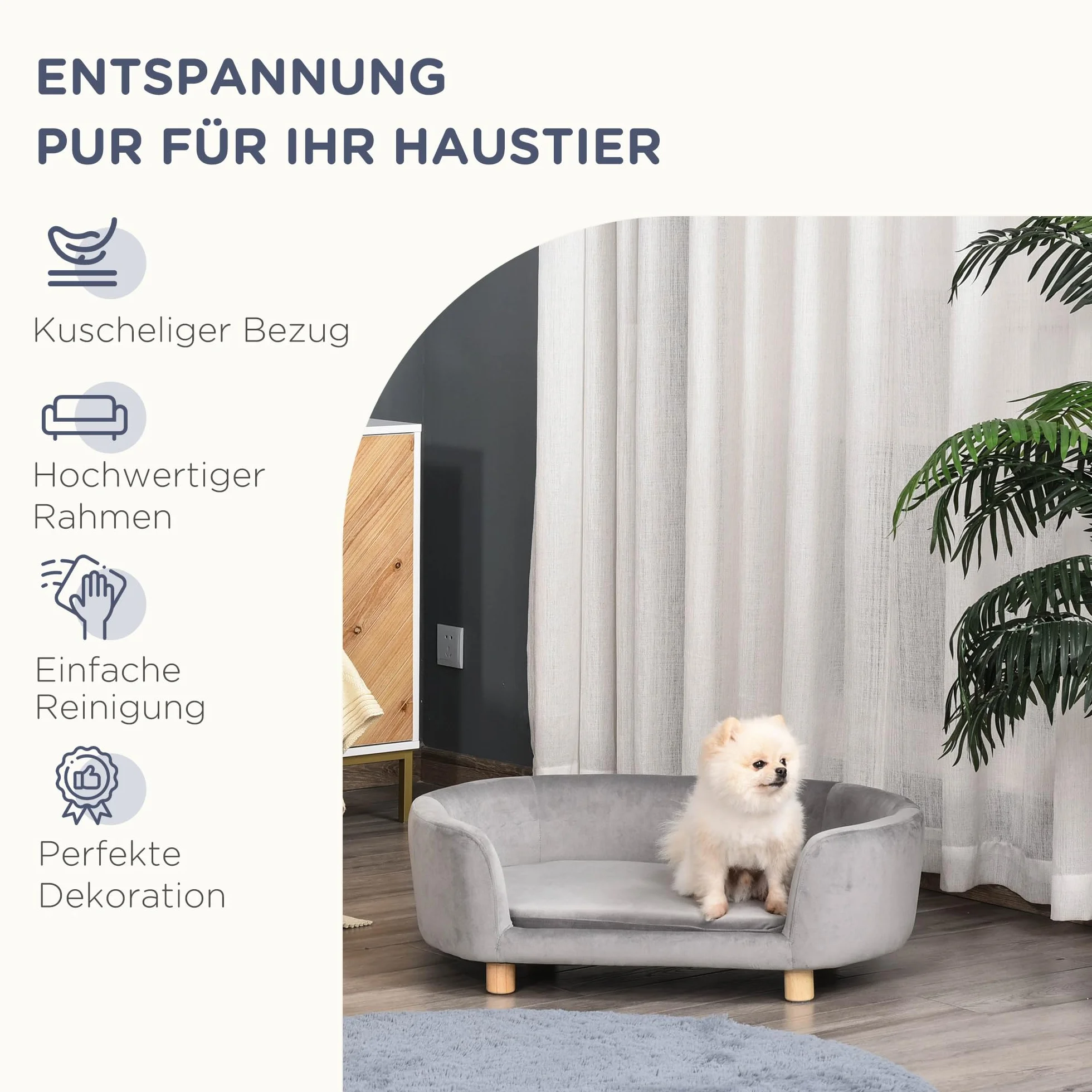 PawHut Hundesofa Hundebett aus holländischem Samt Hundecouch mit Rückenlehne, Holzbeine, Kissen, Katzensofa mit weicher Polsterung für kleine Hunde 86 x 55 x 33 cm Hellgrau