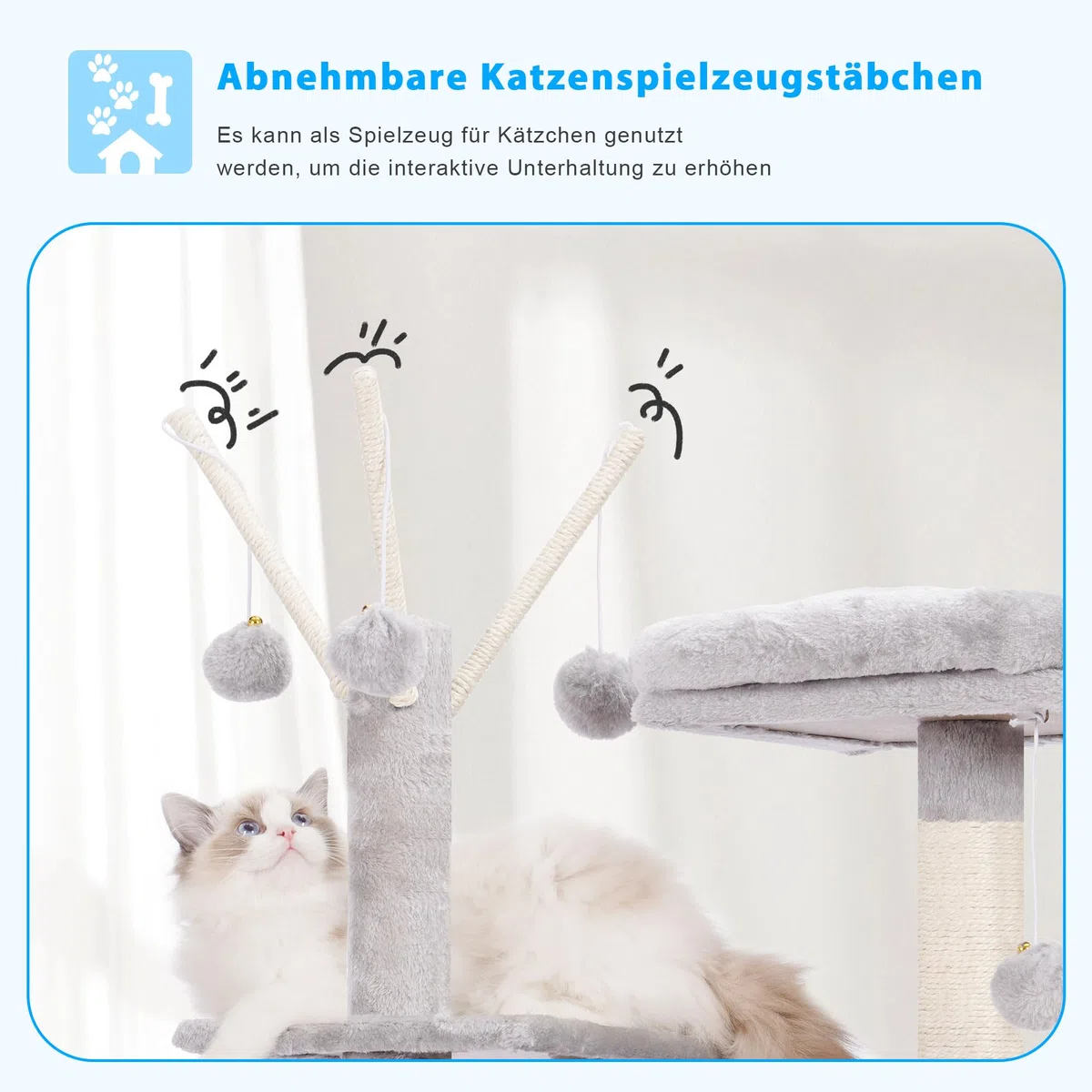 Hey-Brother Kratzbaum, 135 cm Indoor Katzenbaum, Mit gepolsterter Plattform Bett, Spielzeug Ball, Höhlen, Hängematte und Sisal Kratzbaum Katzenhaus, Hellgrau MPJ019-SW