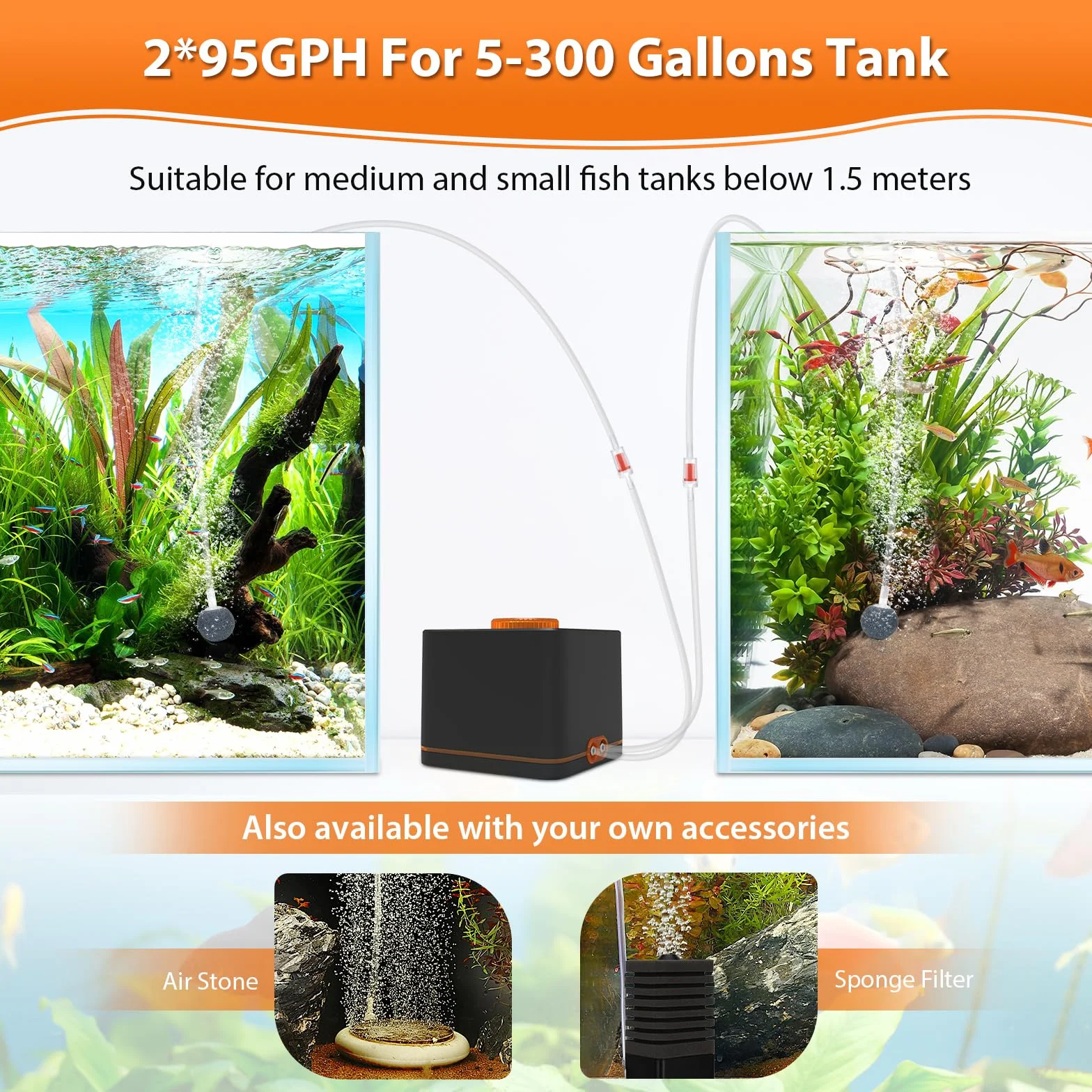 hygger Aquarium Luftpumpe, Aquarium Luftpumpe Extrem Leise für Aquarien mit 2 Luftauslässen, 4W Verstellbare Sauerstoffpumpe mit Luftschlauch,Prüfe Ventile,Ausströmerstein für Aquarien bis zu 1100L