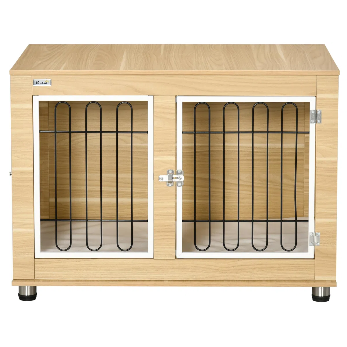 PawHut Hundekäfig Möbel mit 2 Türen Kissen 2 Verriegelungen Metall Hundebox für Zuhause Indoor Hundehütte für große Hunde bis zu 25 kg Beistelltisch Hundehaus 90 x 58 x 65 cm Eiche
