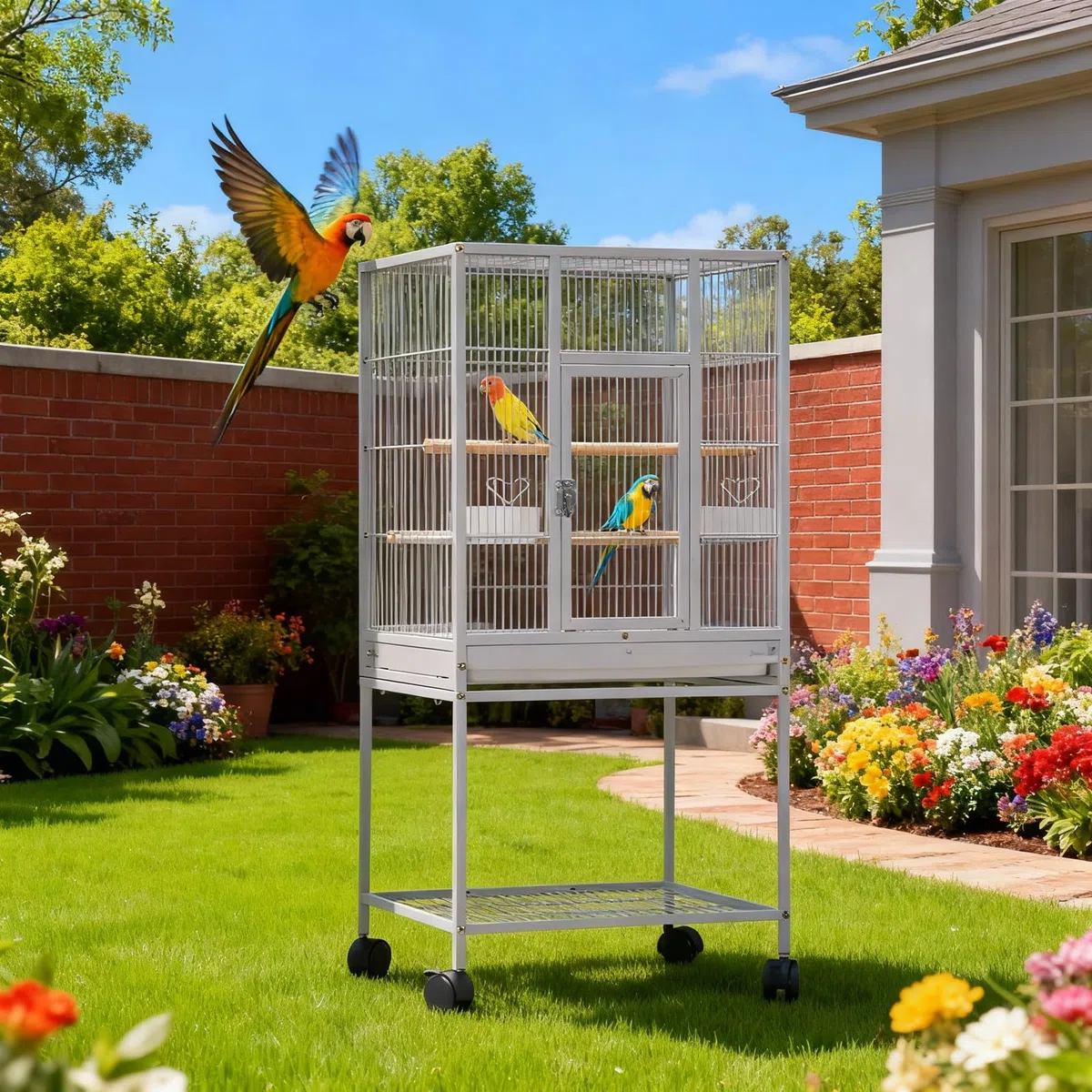 Großer Vogelkäfig 48.5 x 46 x103cm, Vogelvoliere mit 360° Rollen, Sitzstangen, Futternapf und Schmutzwanneneinsatz, Leicht zu Reinigendem Hoher Papageienkäfig Zuchtkäfig
