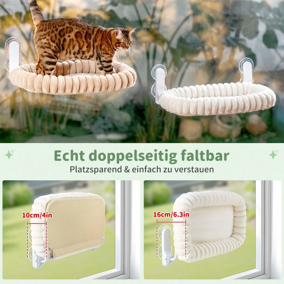 GUUSII HOME Katzen Fensterliege Faltbar Katzenbett Fenster Fensterbank Katze Hängematte mit Wendebezug & Saugnäpfen Fensterbrettauflage Fensterliegeplatz Bis zu 18kg Fensterscheibe (Weiß, M)