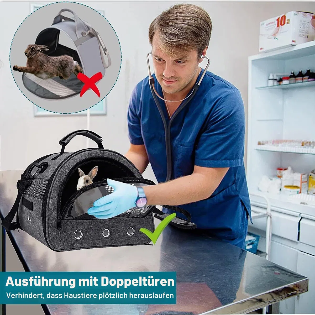 Faltbare Kleintier-Tragetasche mit Wasserflaschenhalter, Doppeltüren Design, Atmungsaktiv & Ausbruchsicher, Transporttasche für Meerschweinchen, Kaninchen, Hamster, Grau