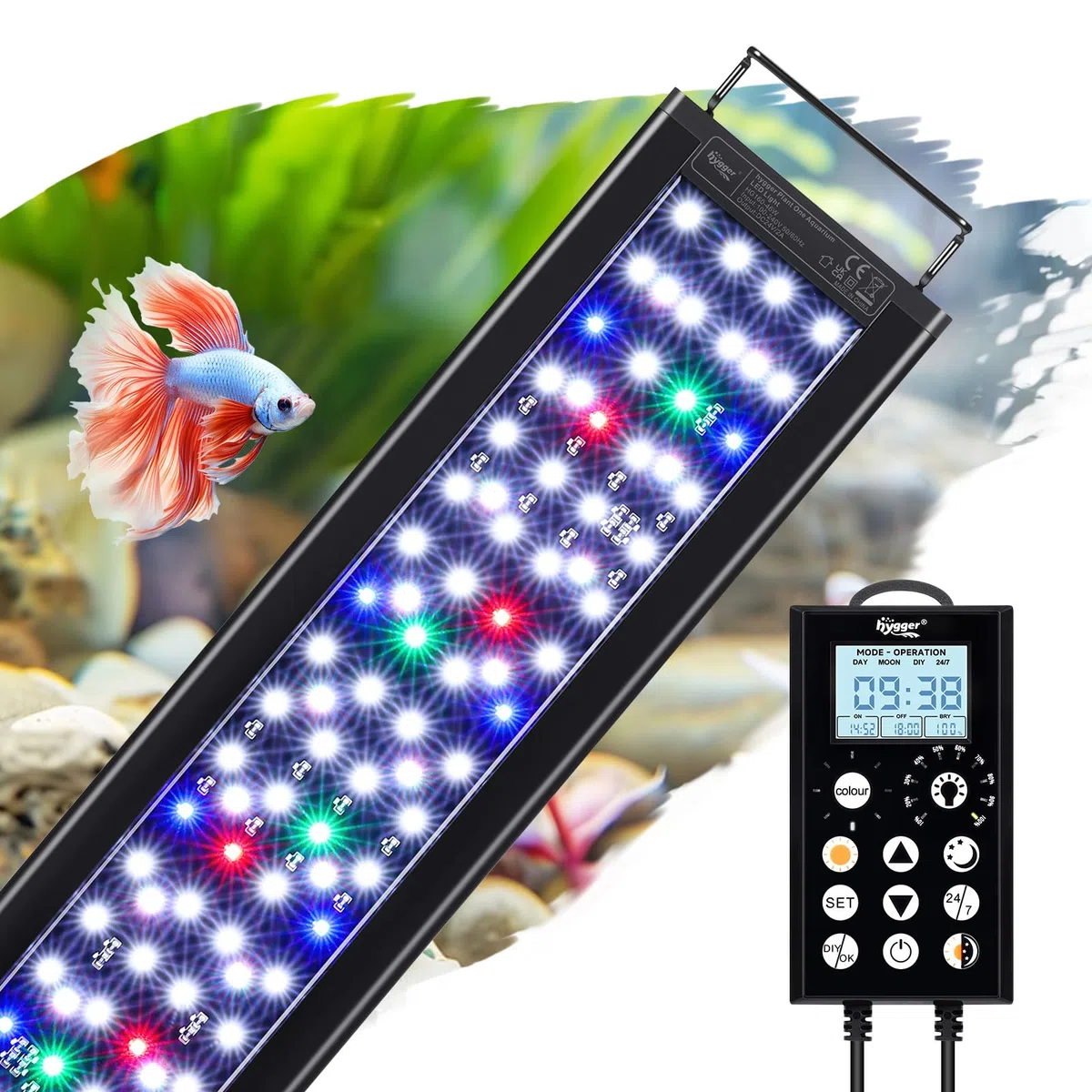 hygger Aquarium Beleuchtung LED, Aquarium Licht, Aquarium lampe 24/7 beleuchtung für aquarien mit Controller, 5 Modi mit Timer, 8 Farben, verstellbare 10 Helligkeit (46W（90-105CM）)