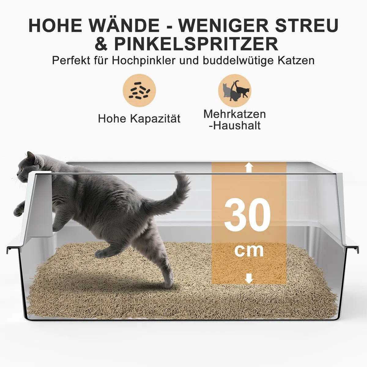 MIXJOY XXXL Katzenklo Edelstahl, Katzenklo Extra Groß 71x51x30 cm, Offene Katzentoilette Edelstahl Passend für Große Katzenrassen und Mehrkathenhaushalte, Großformatige Hochrand-Ausführung