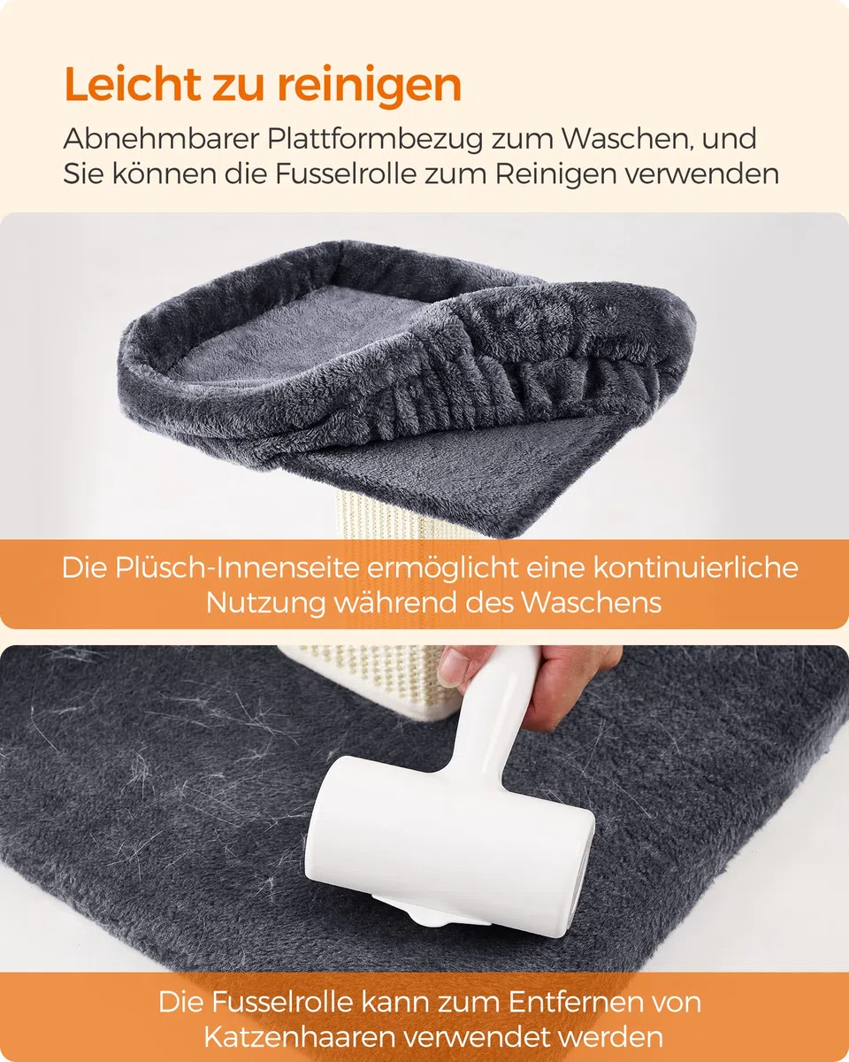 Feandrea Kratzbaum, Katzenbaum mit 40 x 30 cm Plattform aus Plüsch, Kratzstamm, Katzenkratzbaum, 71 cm hoch, 10 cm Dicke Kratzsäule mit geflochtenem Sisal, mit Plüschball, dunkelgrau PCA022G01