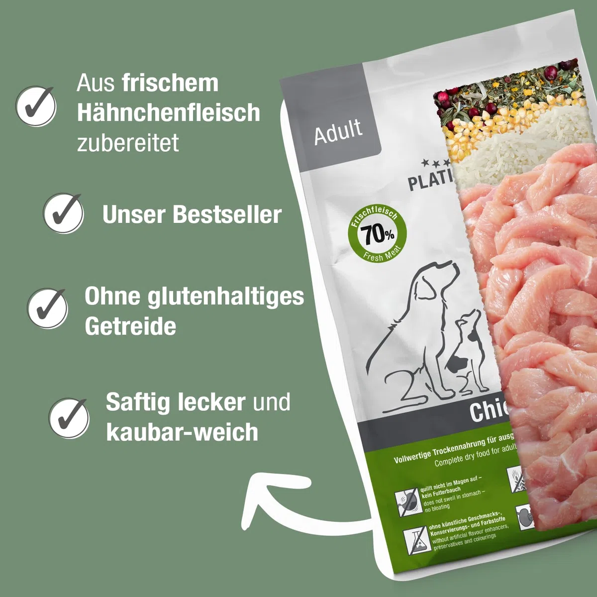 PLATINUM - Hundenahrung Adult Chicken aus Fleischsaftgarung - 5kg Hundefutter trocken nährstoffreich wie Barf - besonders schmackhaftes Hundetrockenfutter für kleine und große Hunde - in DE geprüft
