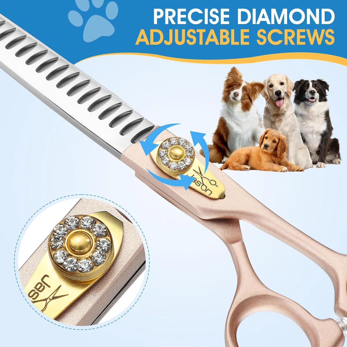 JASON Profi Hundeschere - 7,5 Zoll 24 Zähne Chunker Schere Effilierschere für Hunde aus japanischem 440C-Edelstahl Fellschere für Hunde mit ergonomishcen Griff, Roségold