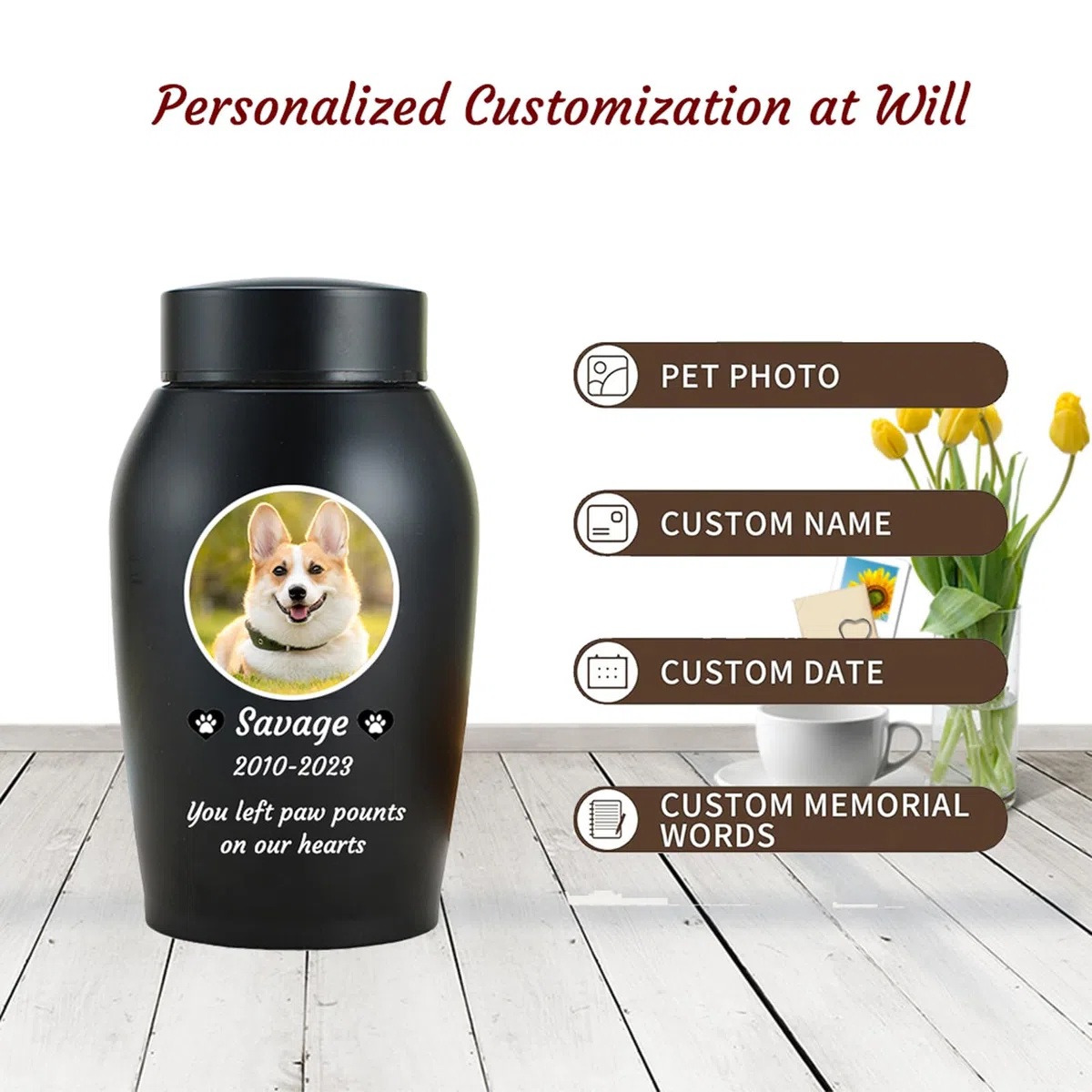 Haustier Urnen für Hunde Asche personalisiert, Hund Urnen für Asche anpassbar, Edelstahl Hund Einäscherung Urnen Hund Memorial Keepsake Urnen,Schwarz,Big