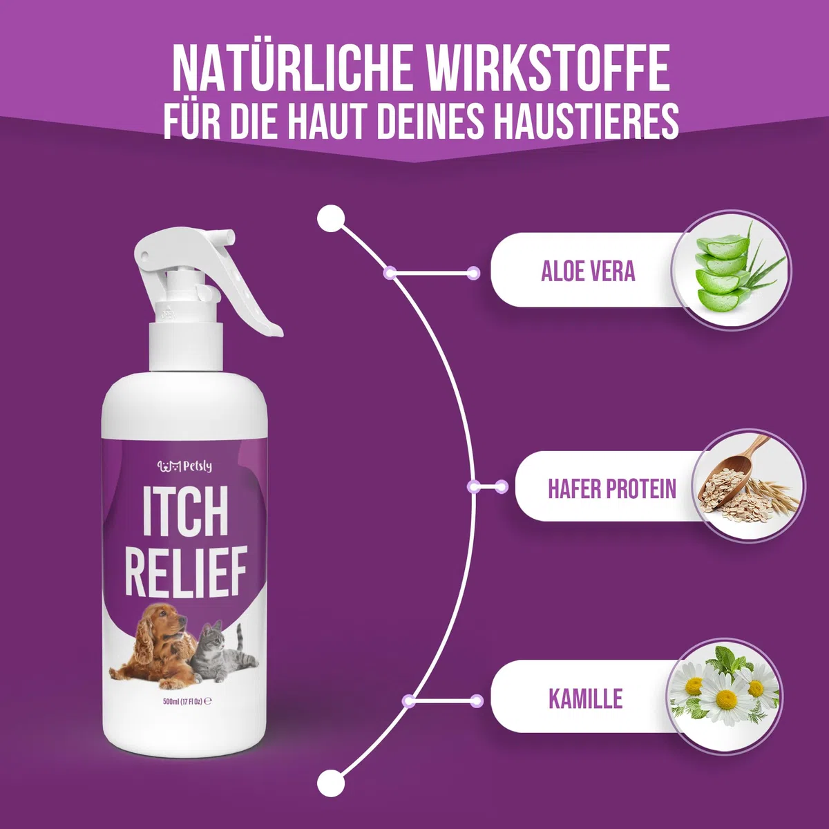 Petsly Anti Juckreiz Spray für Hunde & Katzen 500ml - Sofortige Linderung bei juckender Haut, Grasmilben & Hautreizungen - Mit beruhigender Aloe Vera für empfindliche Tierhaut