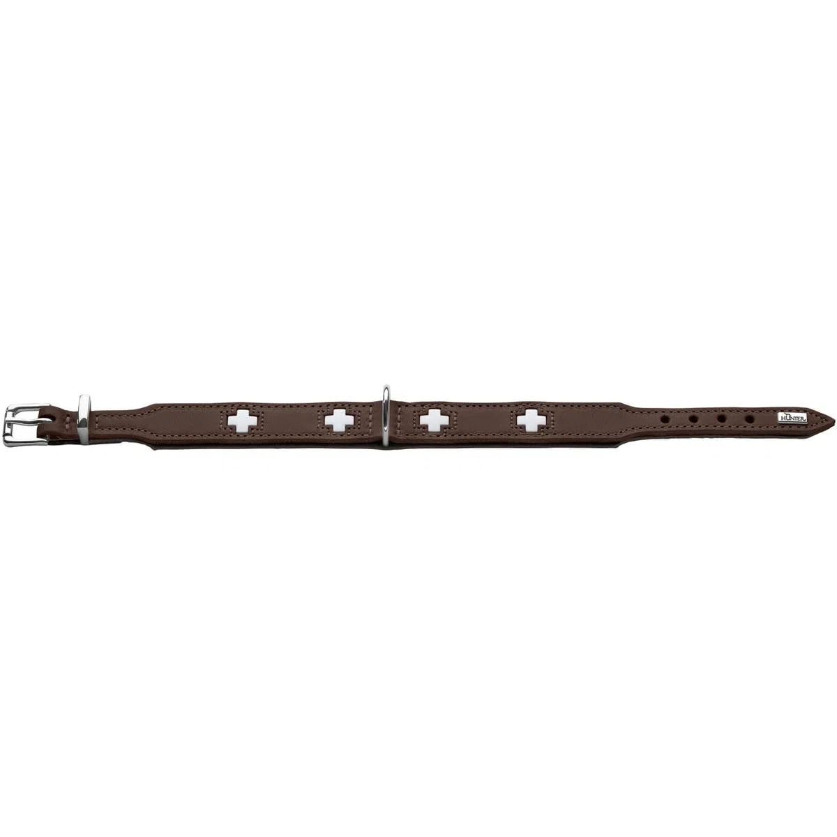 HUNTER Hundehalsband SWISS, Farbe: braun/schwarz, weiches Rindnappaleder, handvernähte Schweizer Kreuze, langlebig und komfortabel, hochwertige Handarbeit, Made in Germany, Größe: M (55)