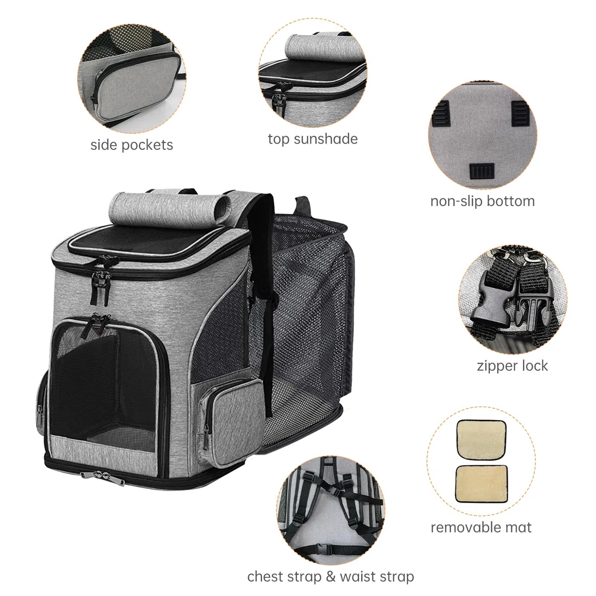 Haustier Rucksack Hunderucksack bis 10kg Katzenrucksack Faltbar und Erweiterbar Katzentransportbox Katzentransporttasche Hundebox mit 2 Matten für Katzen und Kleine Hunde Grau