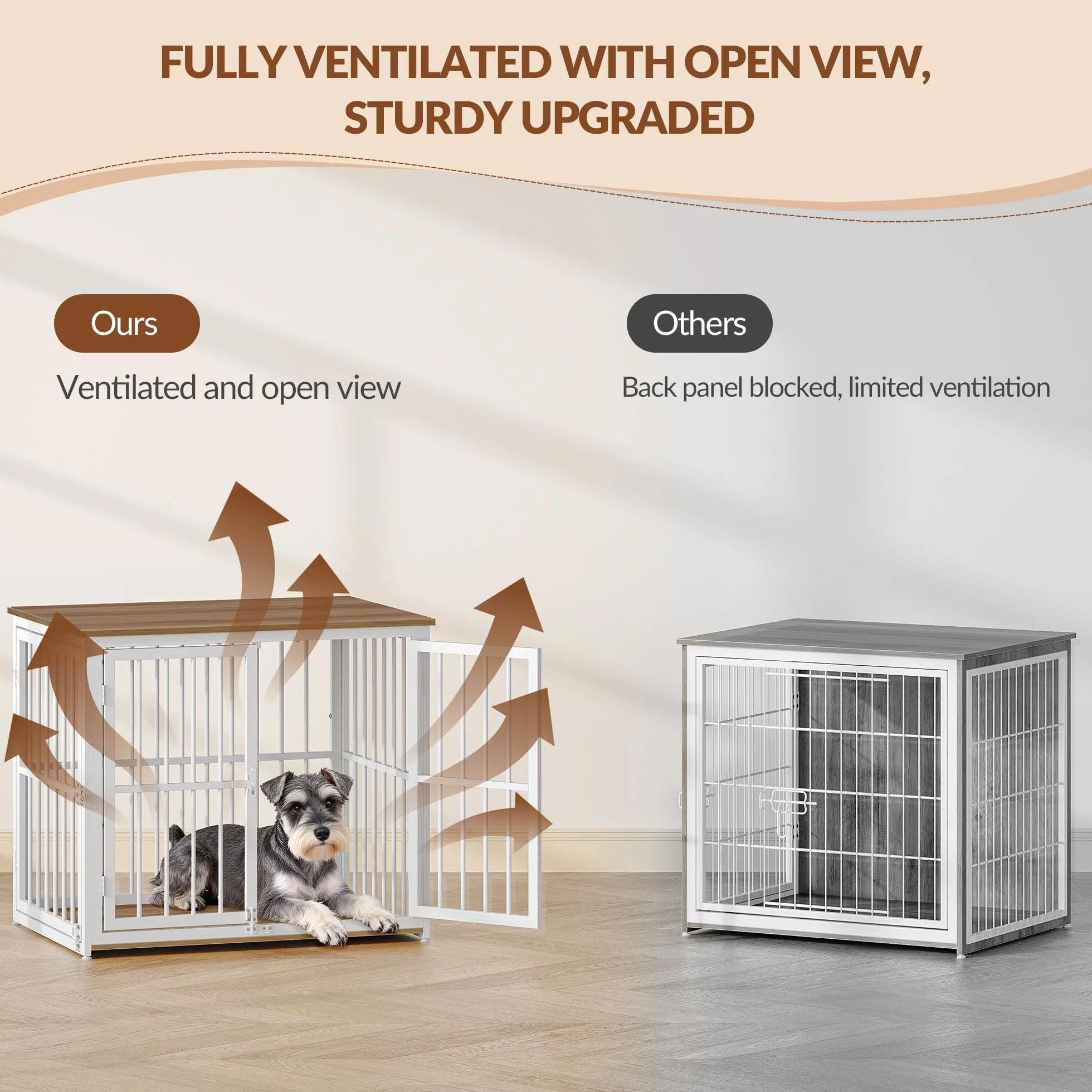 Hundekäfig Möbel, 80cm Hundebox für Zuhause mit 3 Türen, Hundebox Holz Indoor, Beistelltisch, Hundekäfig Hochbelastbar, für Kleine und Mittelgroße Hunde, 80x60x70cm, Vintagebraun & Weiß