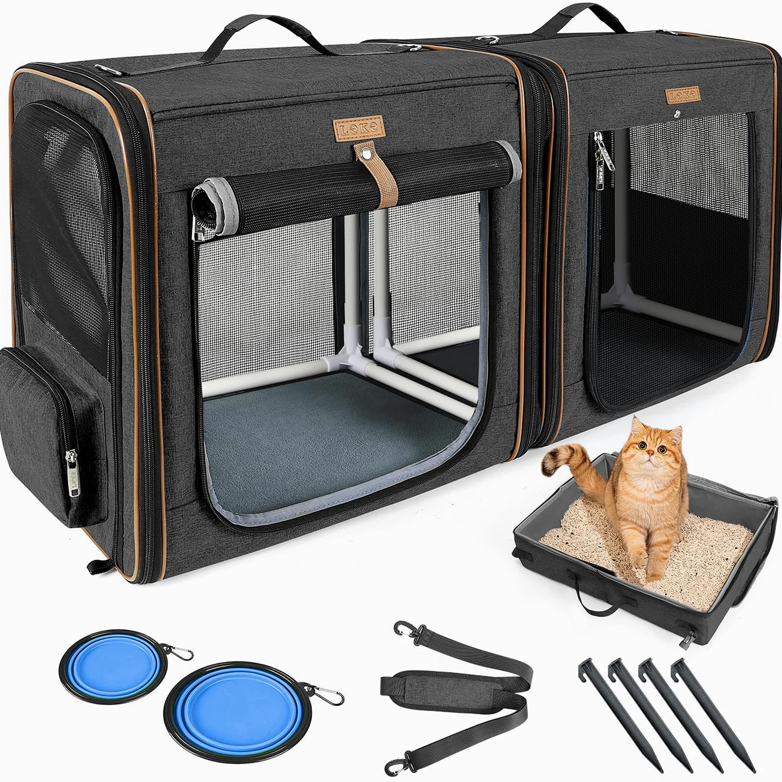 Lekeinchi 2-in-1 Hundebox Transportbox Katze für Mittelgroßes Haustier, Faltbare Katzentransportbox mit Starker Faserrahmen, Katzentoilette, 2 Schalen, 2 Haustiermatte, Groß, Schwarz（XL）