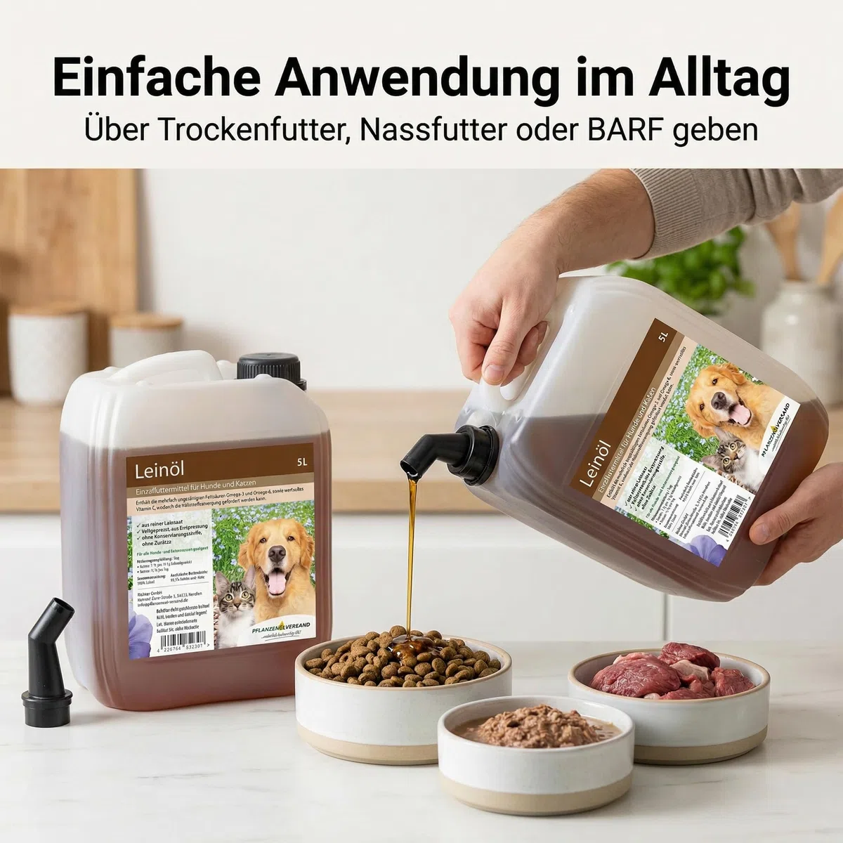 Leinöl für Hund & Katze, kaltgepresst aus Erstpressung, 100% rein ohne Zusätze, Einzelfuttermittel, Futteröl für Barf & Trocken-/Nassfutter, 2 x 5 l Vorrat inkl. Ausgießer
