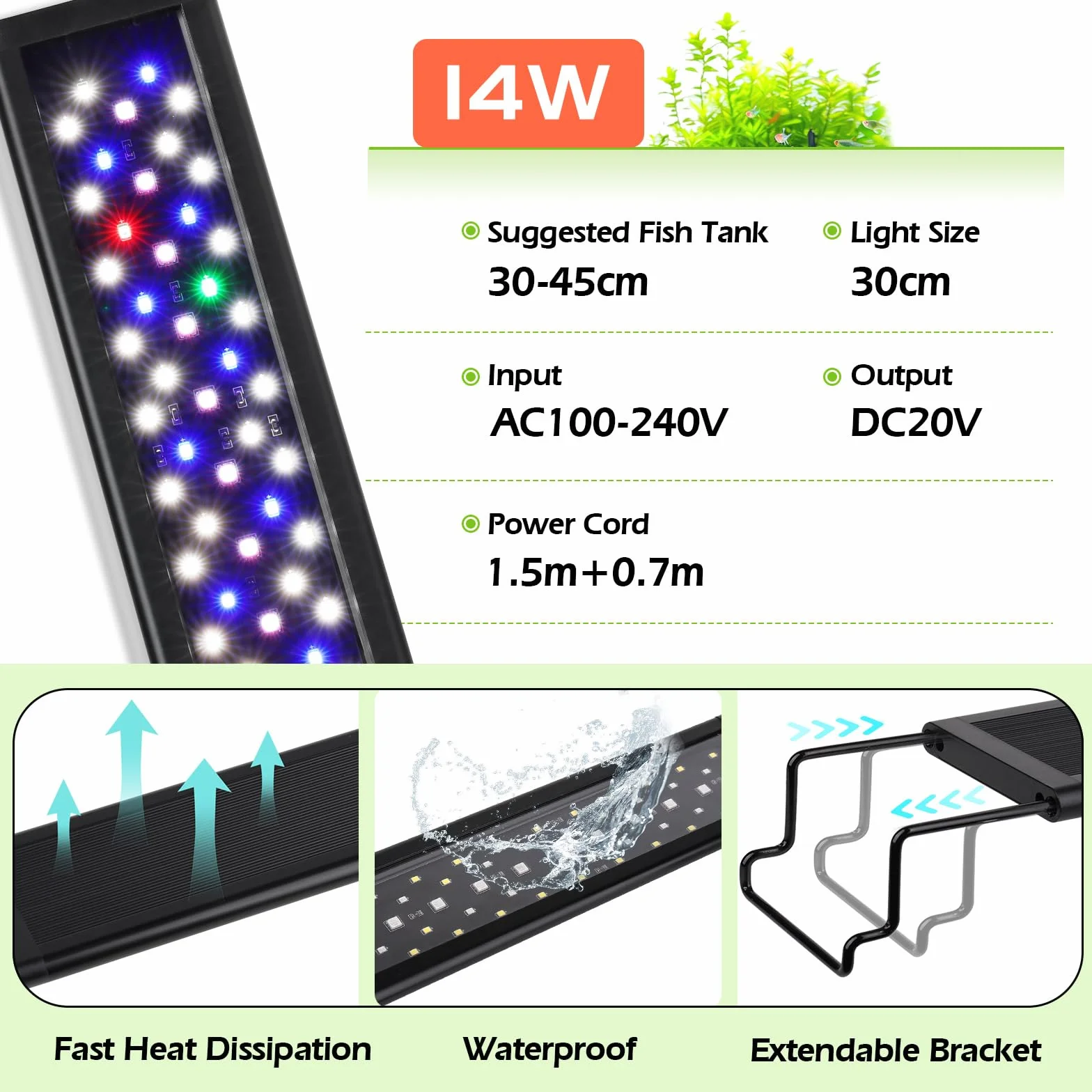 hygger Aquarium LED Beleuchtung, 14W Vollspektrum für 30-45cm Süßwasser Tanks mit 9 Farben und 10 Helligkeitsstufen